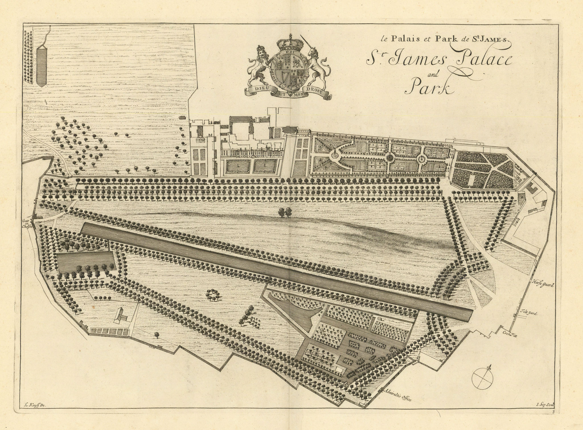 Associate Product St. James Palace and Park by Kip & Knyff. Le palais… de St James. London 1709