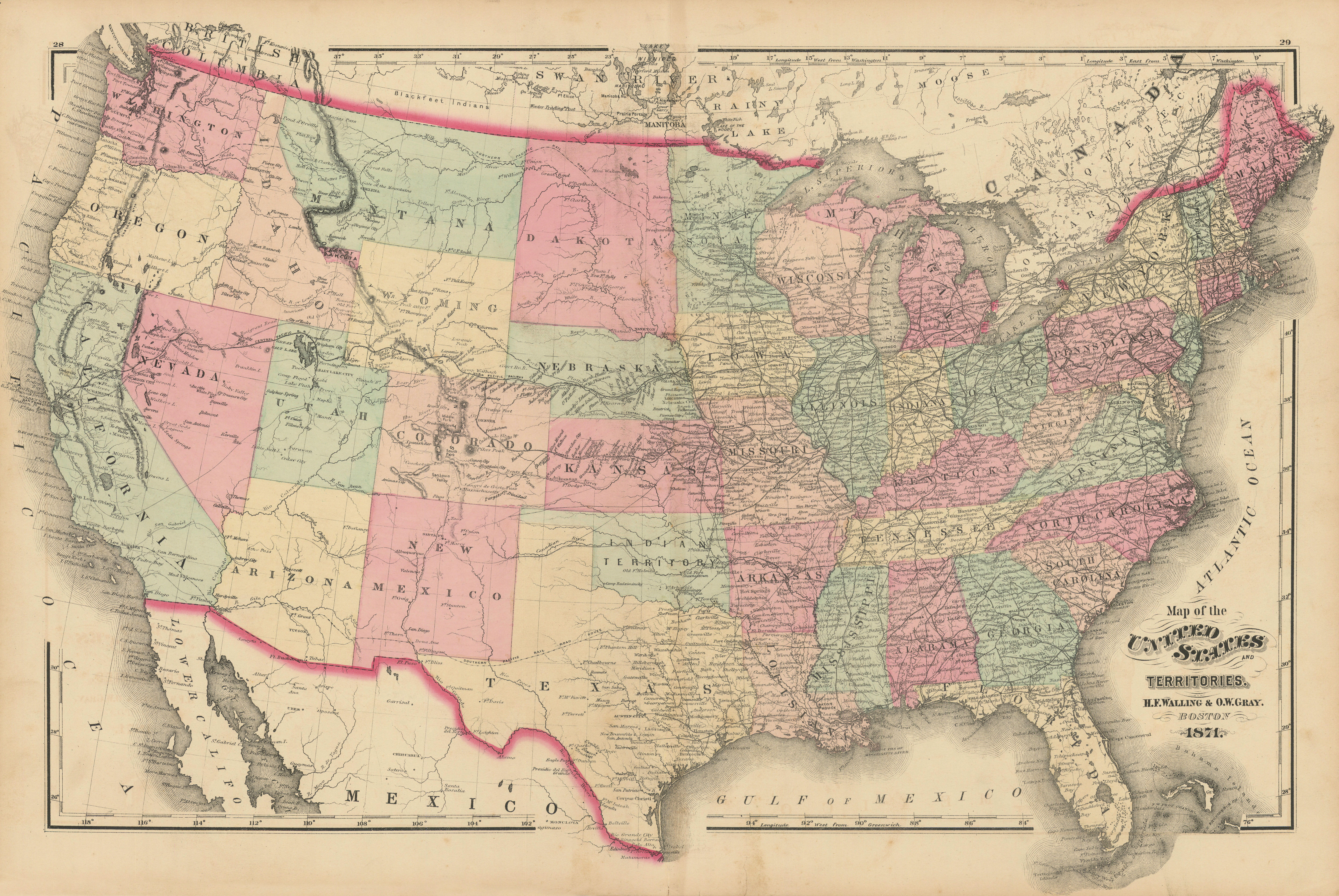Map of the United States and territories by Walling & Gray 1871 old