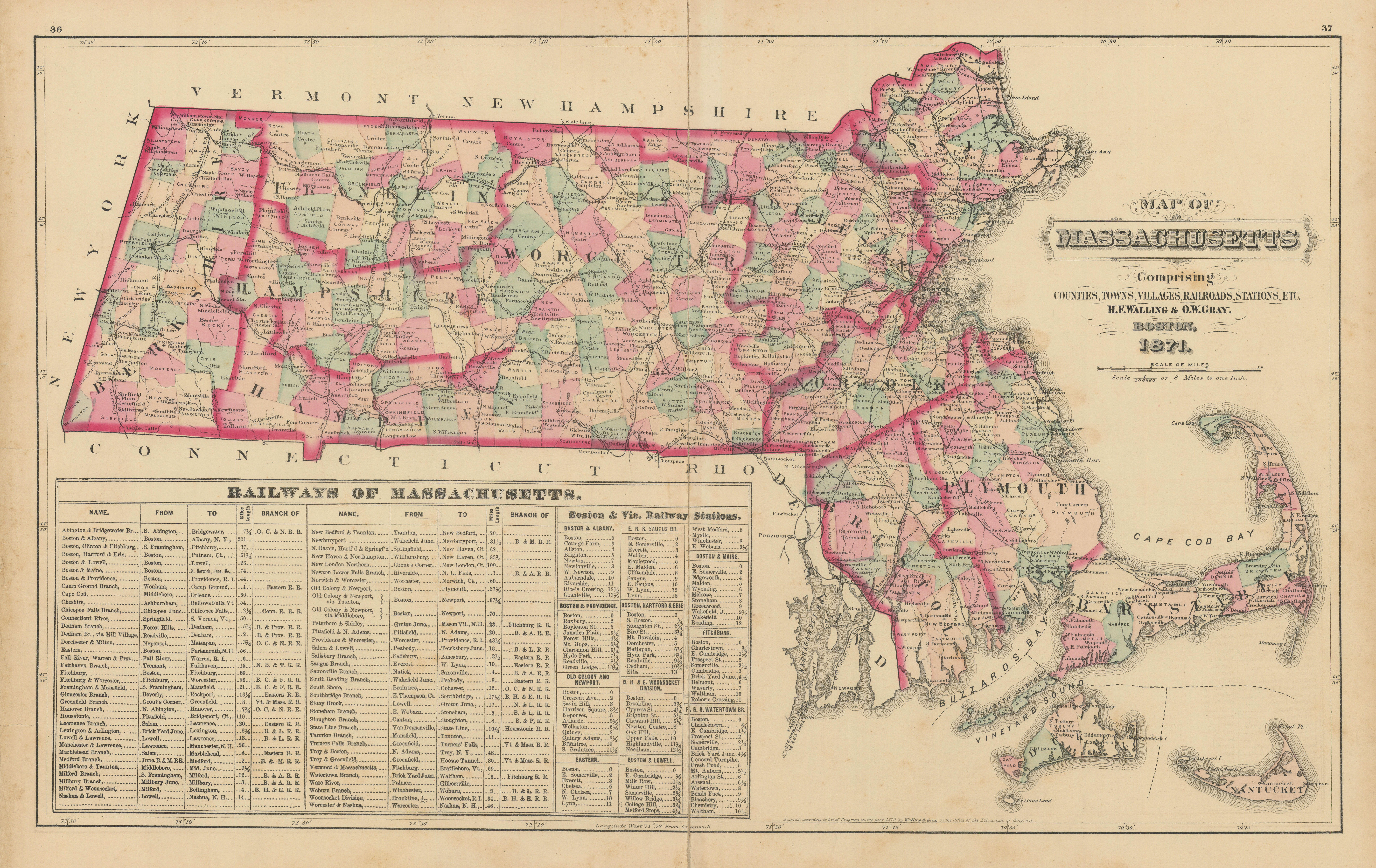 Associate Product Map of Massachusetts comprising counties, towns… WALLING & GRAY 1871 old