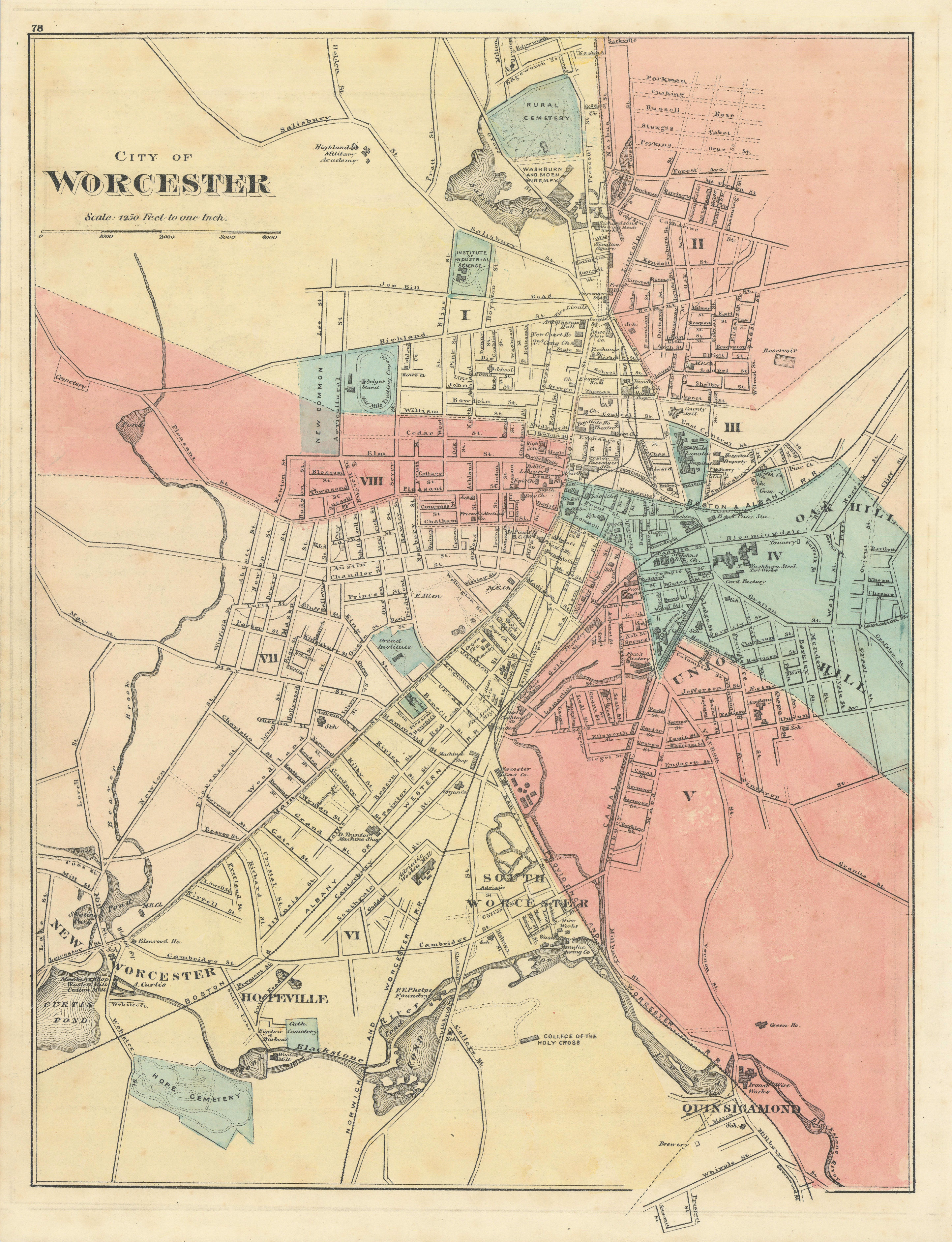 City of Worcester, Massachusetts. Town plan. WALLING & GRAY 1871 old map