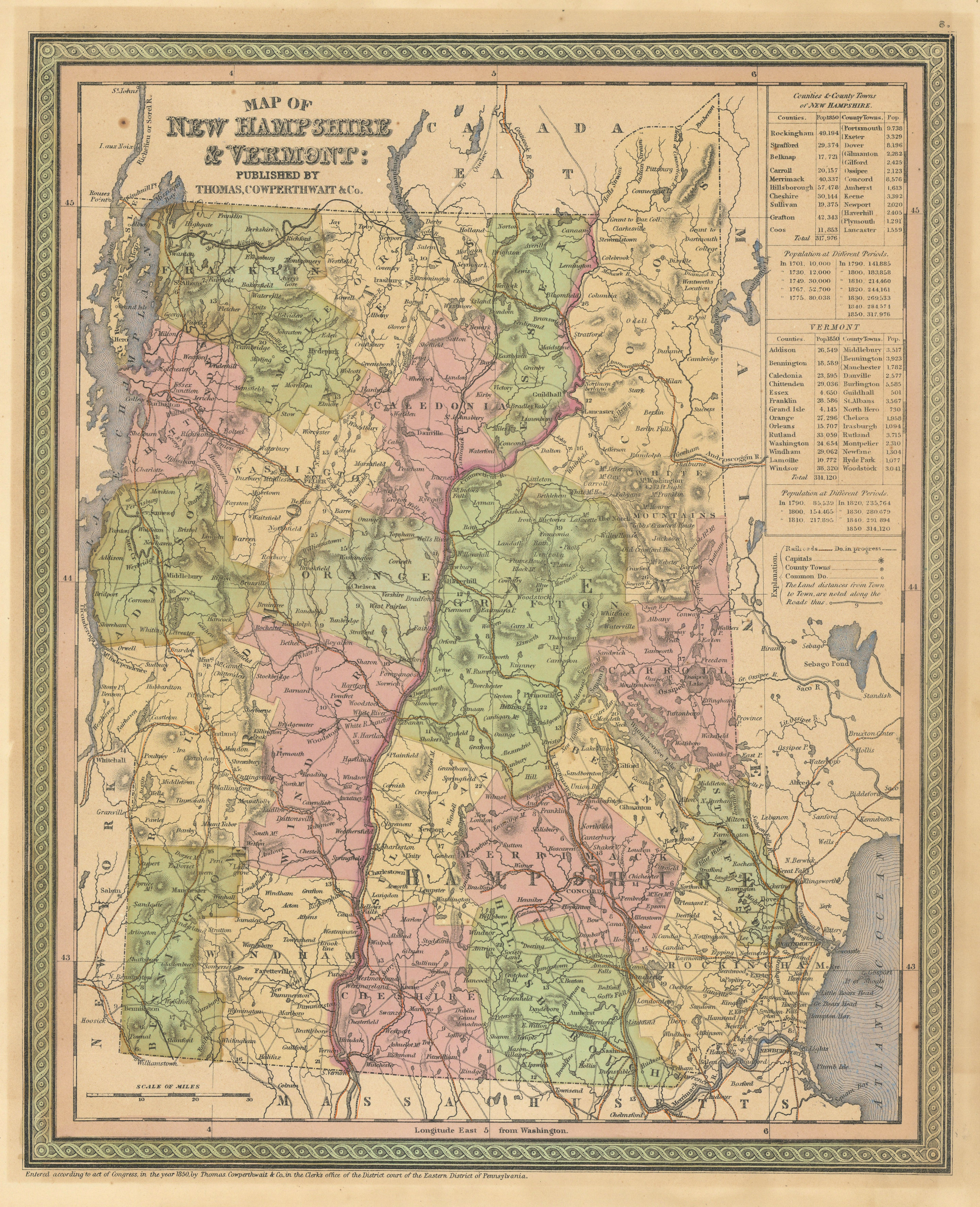 Associate Product Map of New Hampshire & Vermont. State map with counties. COWPERTHWAIT 1852