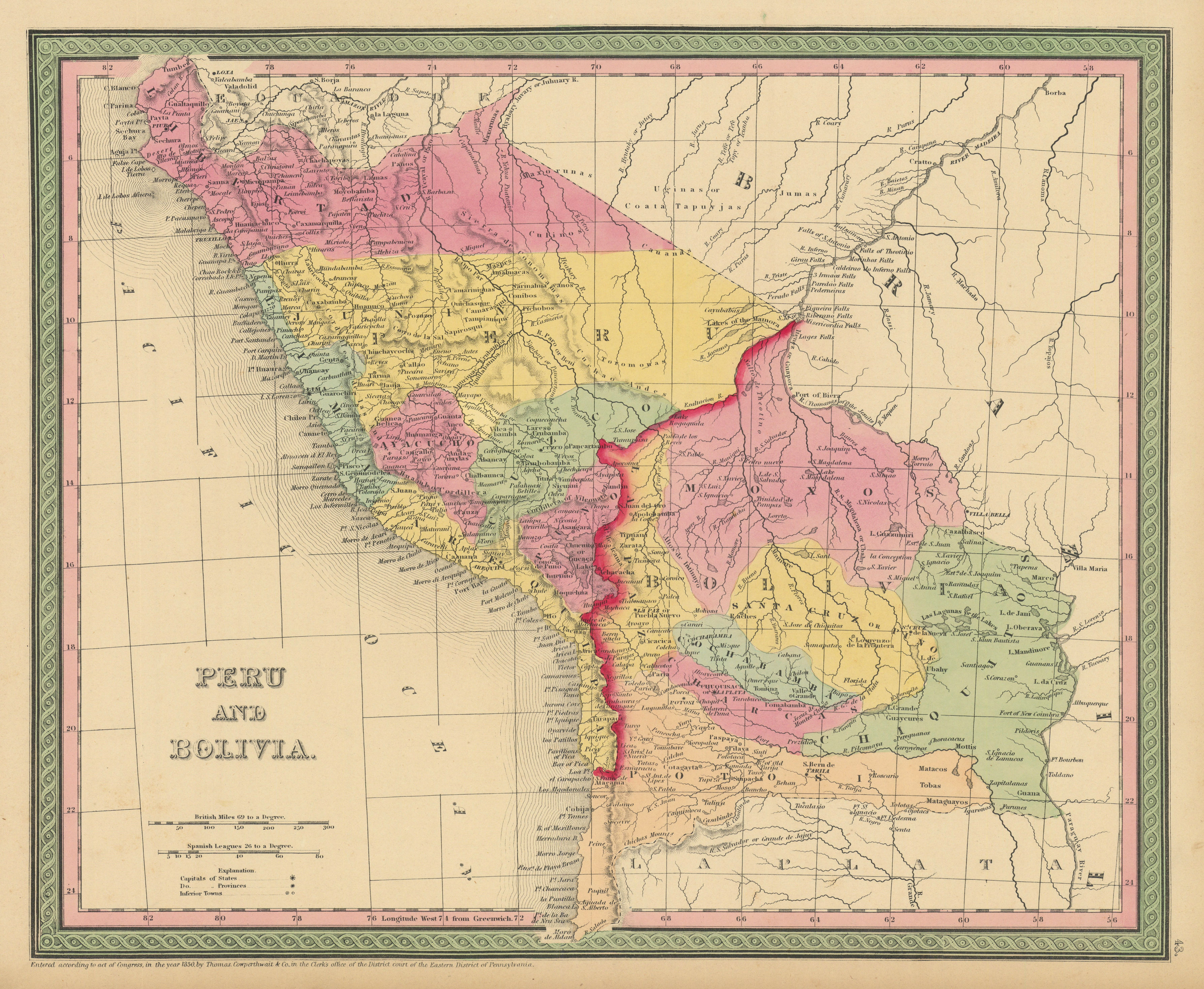 Associate Product Peru and Bolivia, including Litoral. THOMAS, COWPERTHWAIT 1852 old antique map