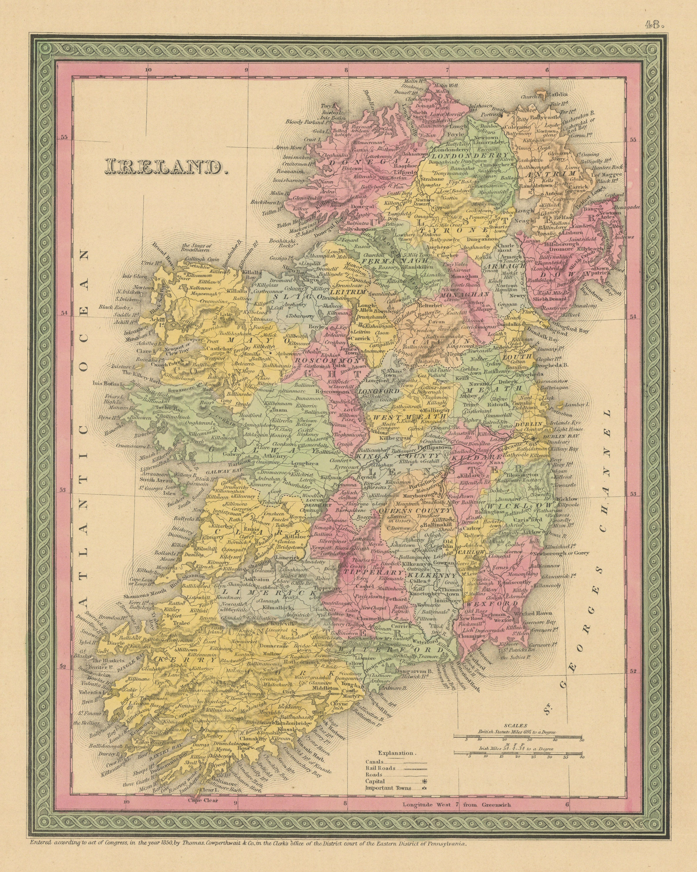 Ireland. Counties & canals. THOMAS, COWPERTHWAIT 1852 old antique map chart