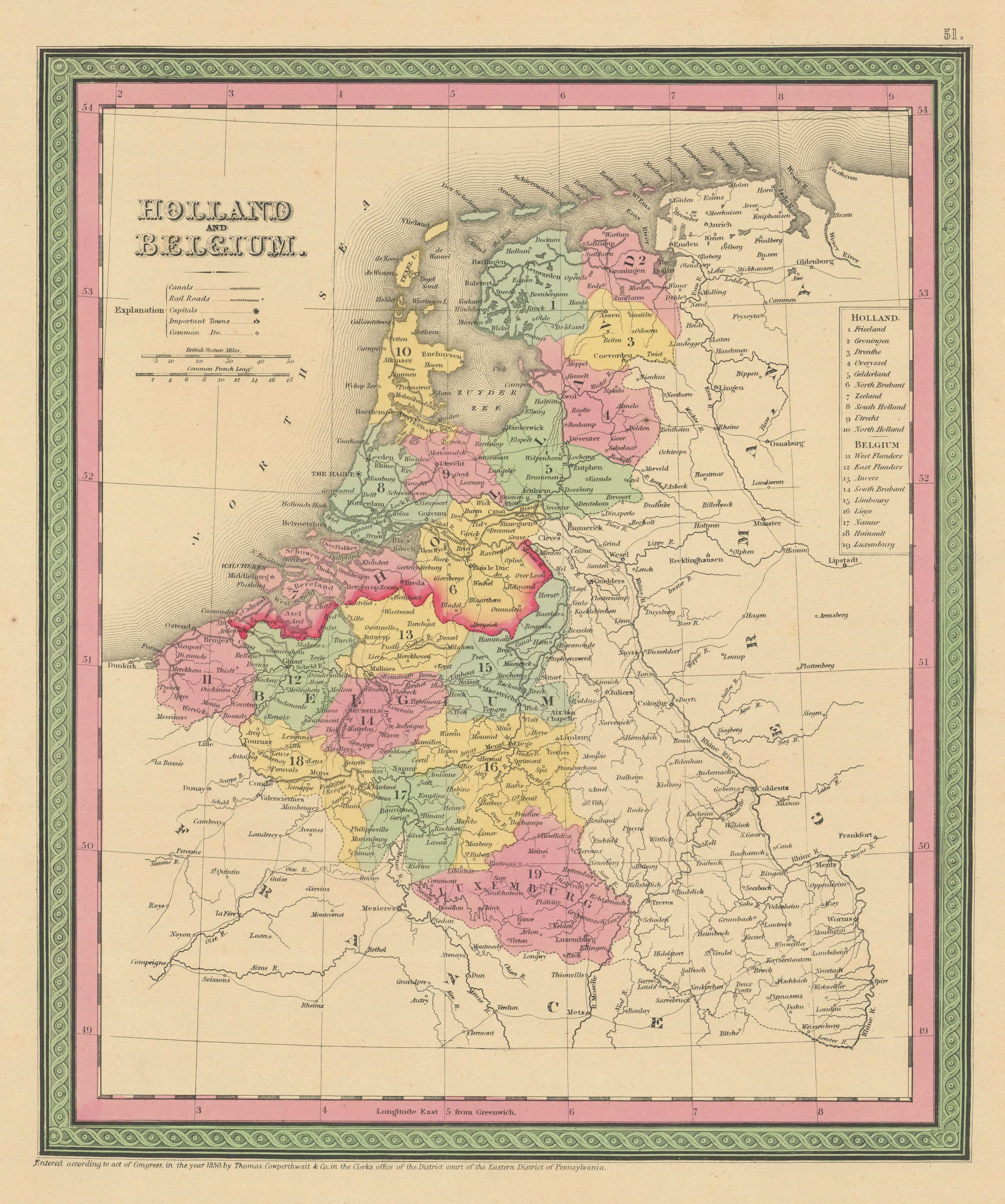 Associate Product Holland and Belgium. Netherlands Luxembourg. THOMAS, COWPERTHWAIT 1852 old map