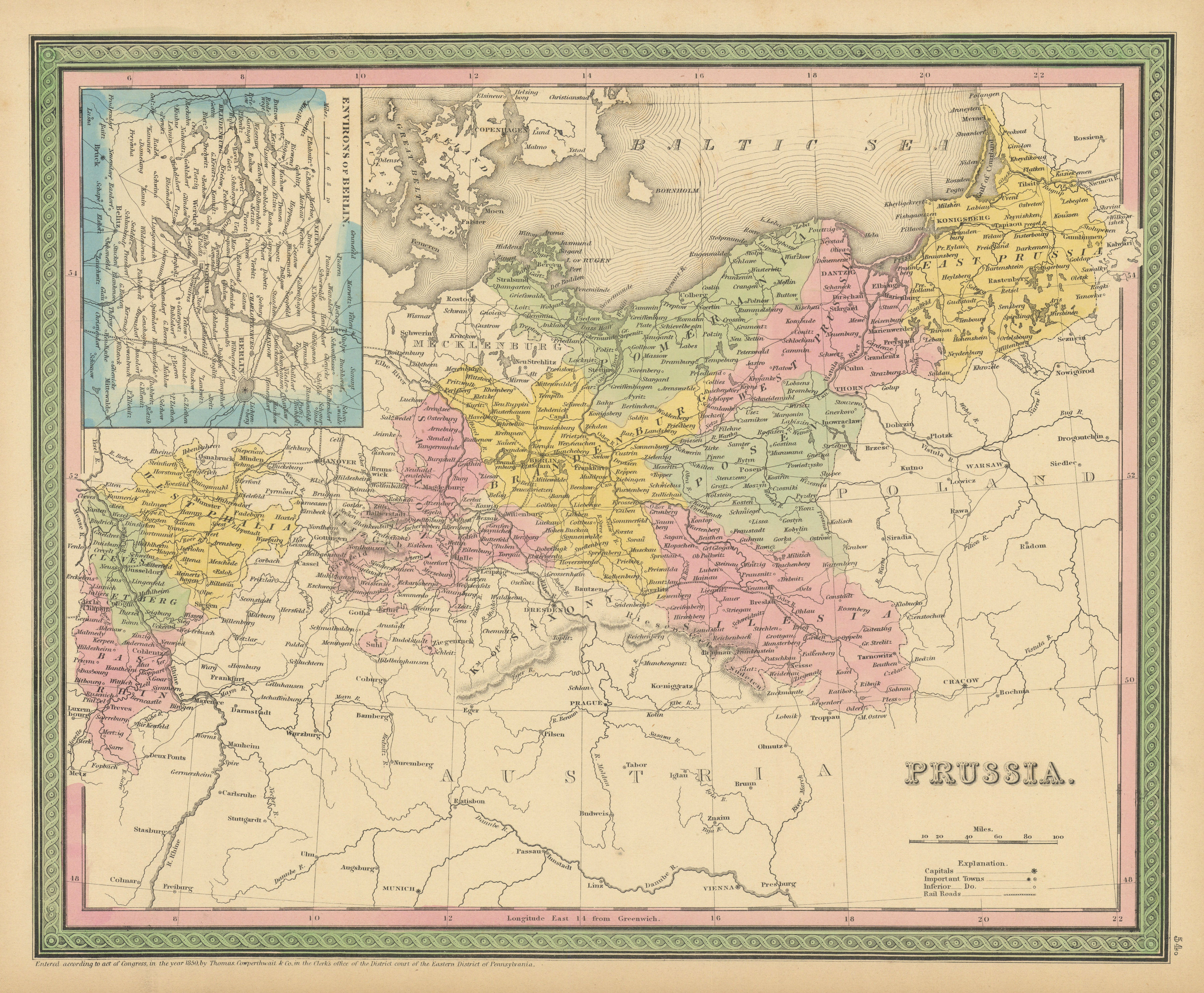 Prussia. Berlin environs. Germany & Poland. THOMAS, COWPERTHWAIT 1852 old map