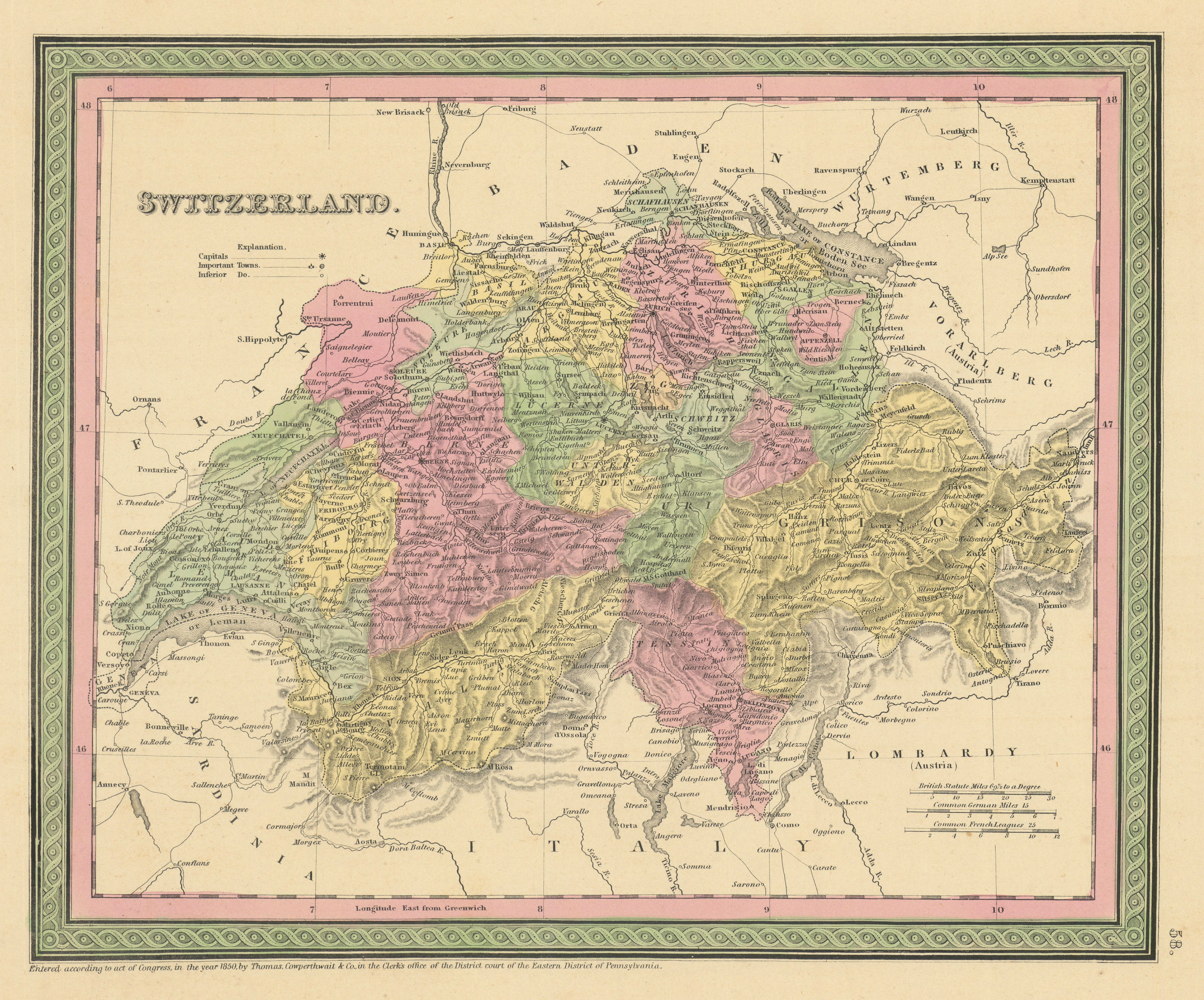 Switzerland. Schweiz Suisse. THOMAS, COWPERTHWAIT 1852 old antique map chart