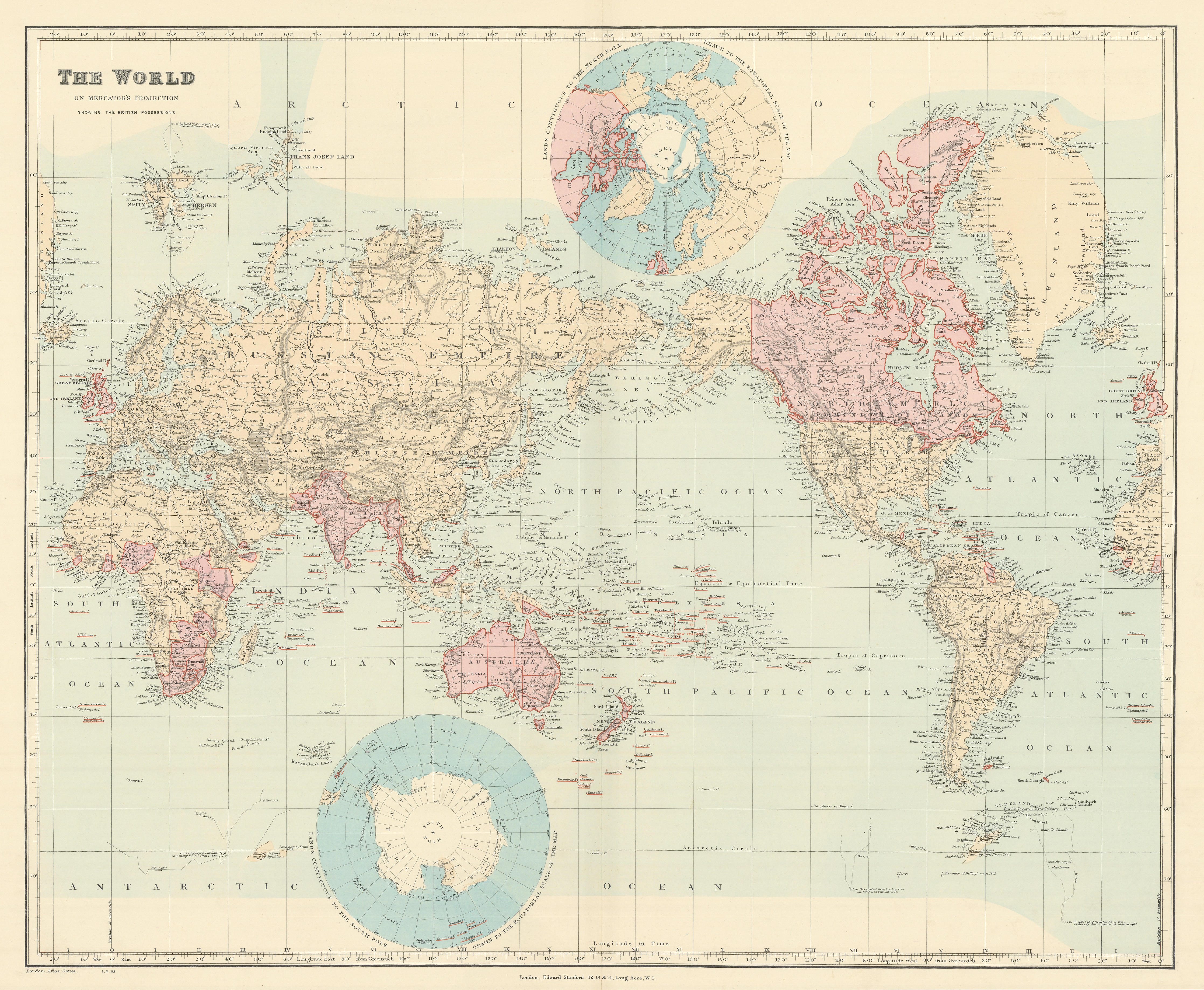 The World showing British Possessions/Empire in pink. 52x63cm. STANFORD 1904 map