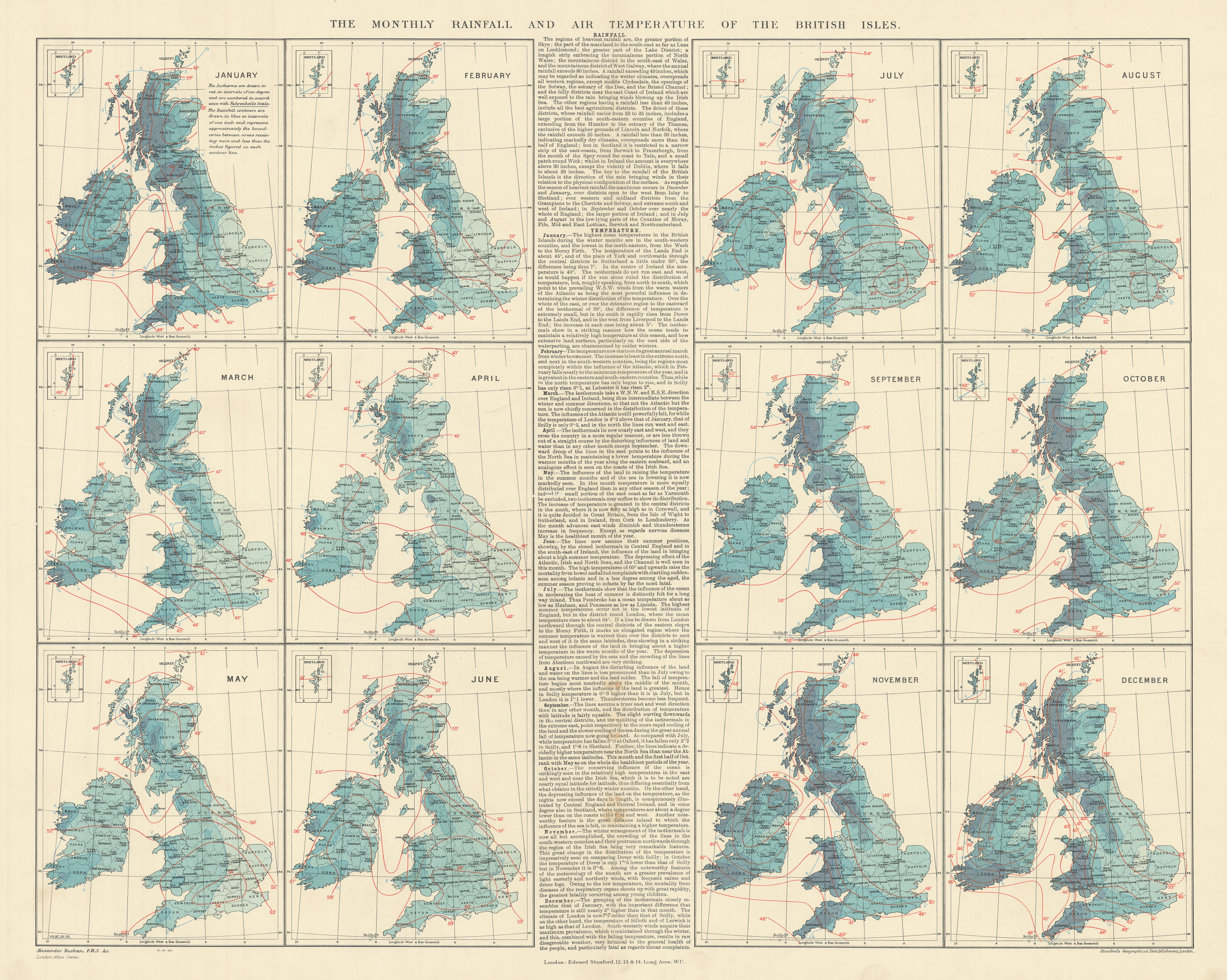 Associate Product British Isles. Monthly rainfall & air temperature. 61x55cm. STANFORD 1904 map