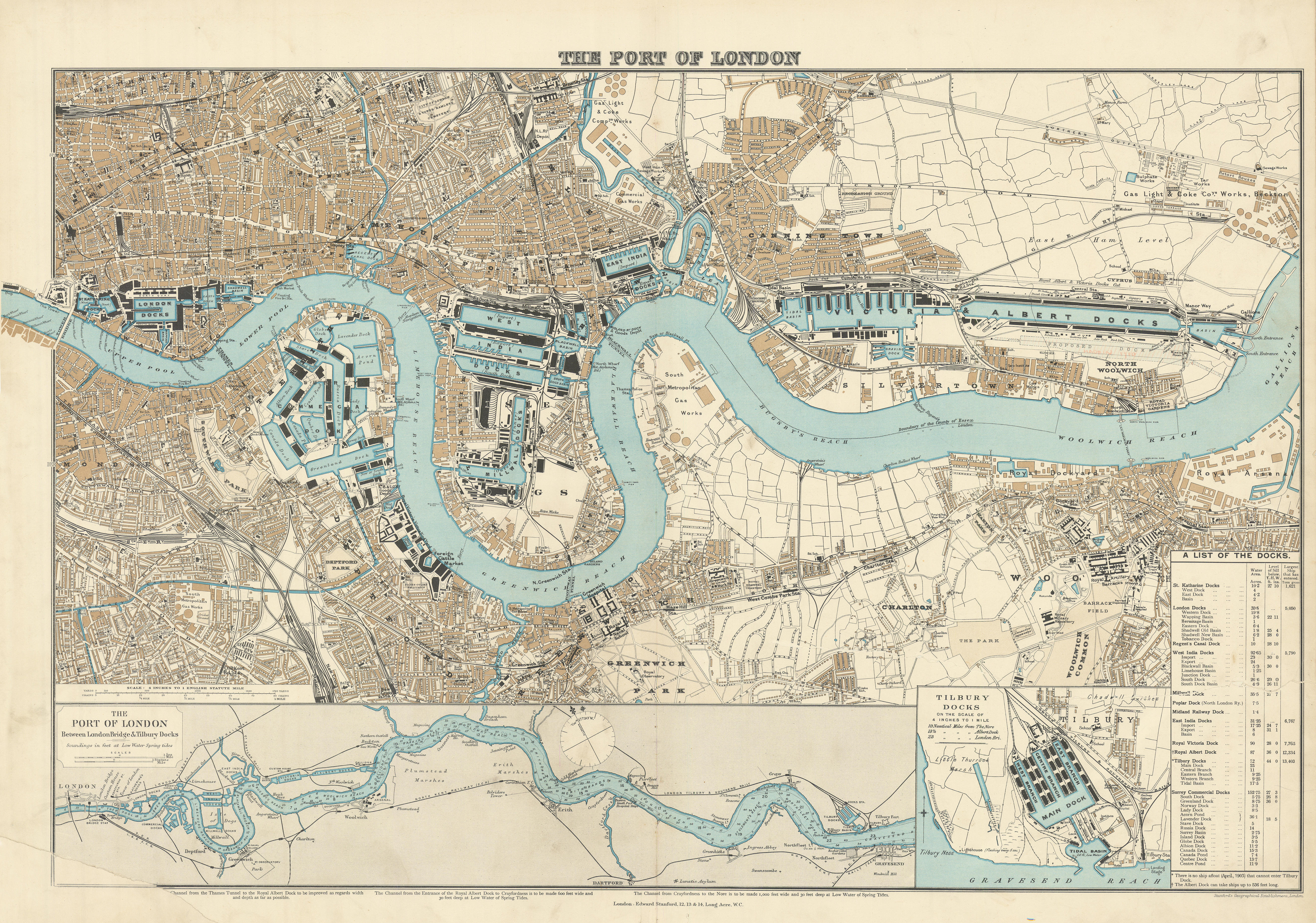 Associate Product Port of London. Royal Docks Tilbury Canary Wharf Surrey Quays. STANFORD 1904 map