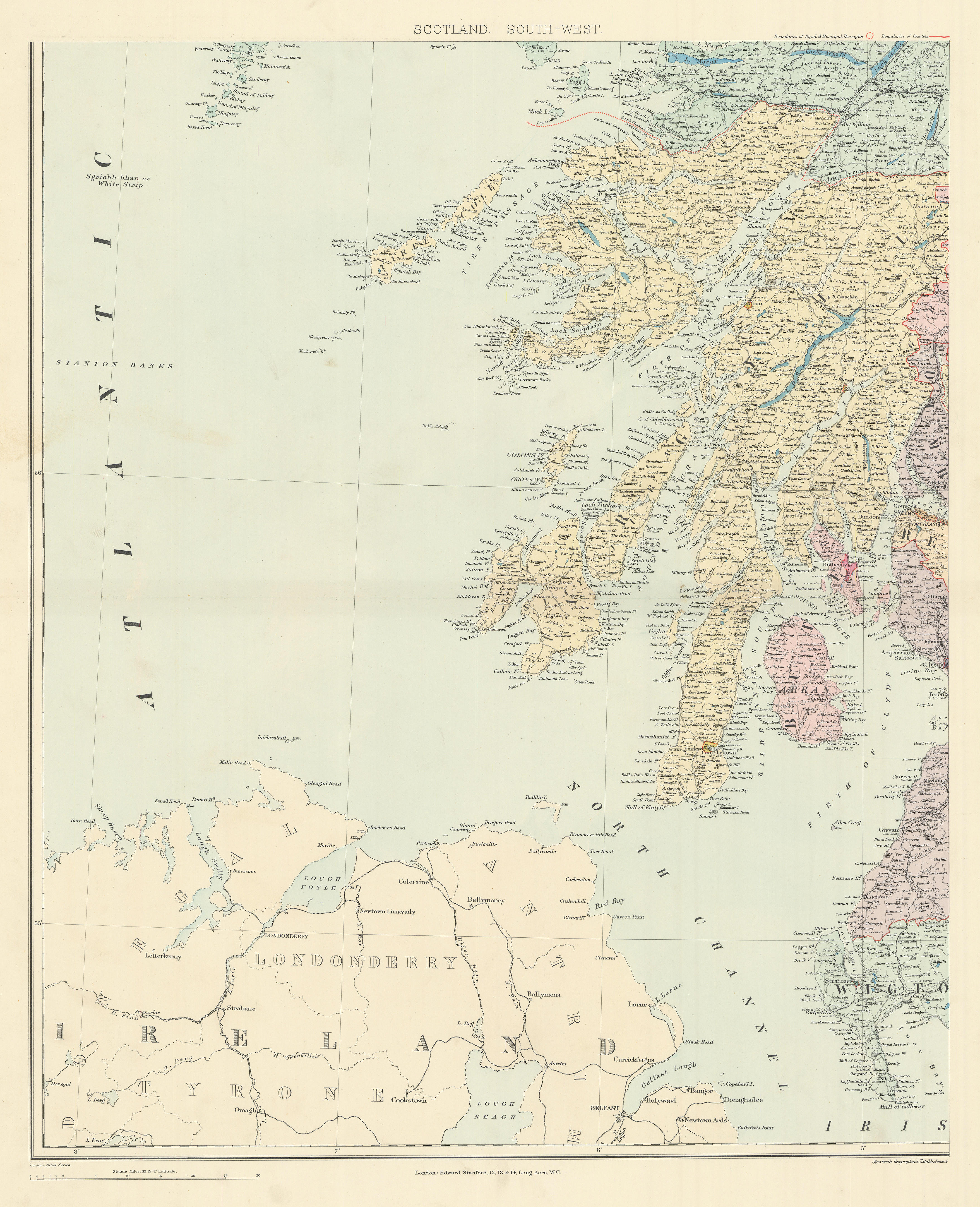Scotland S.W. Argyll Islay Jura Kintyre Mull Tiree. 61x50cm. STANFORD 1904 map