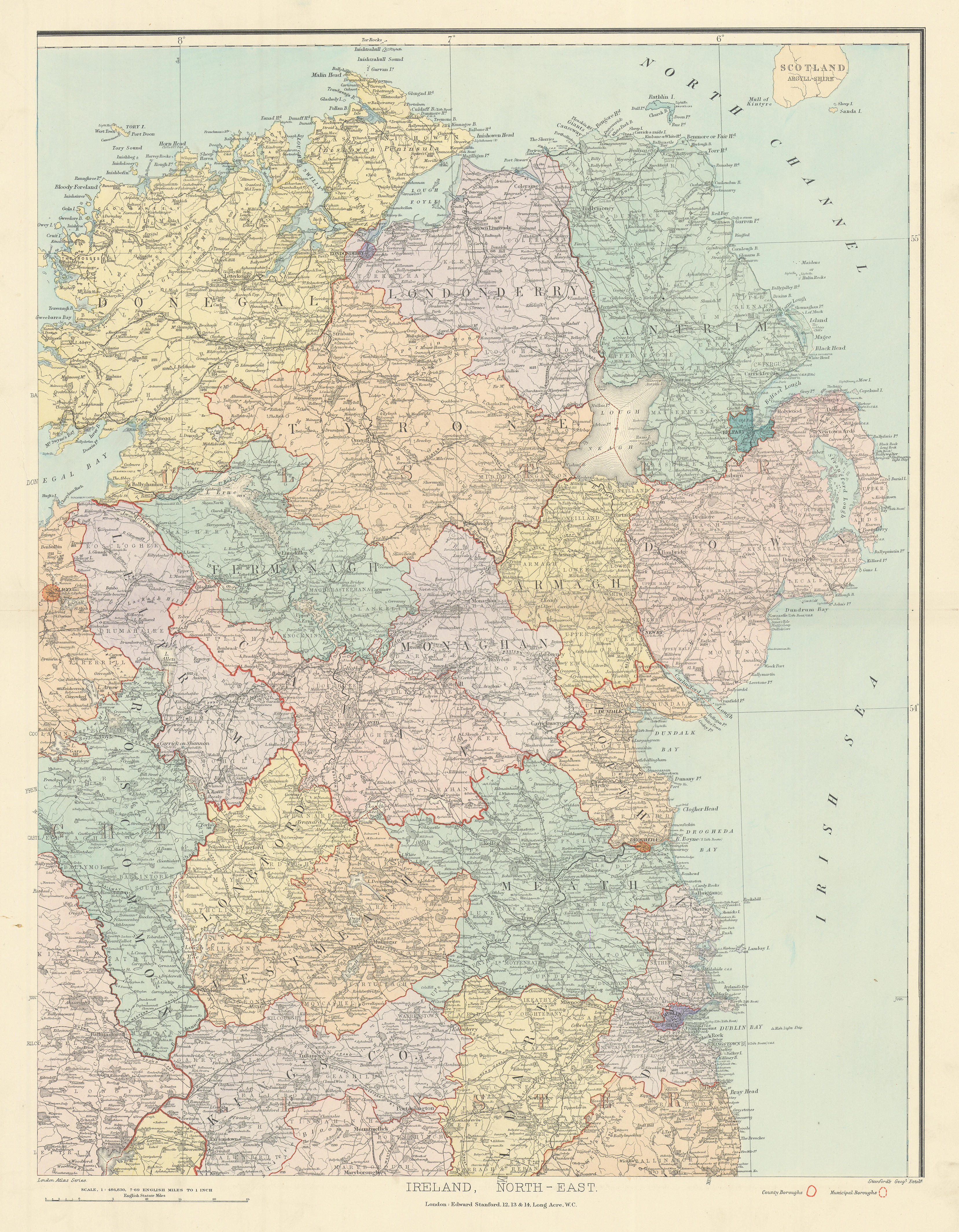 Associate Product Ireland north-east Ulster Down Antrim Armagh Londonderry &c. STANFORD 1904 map