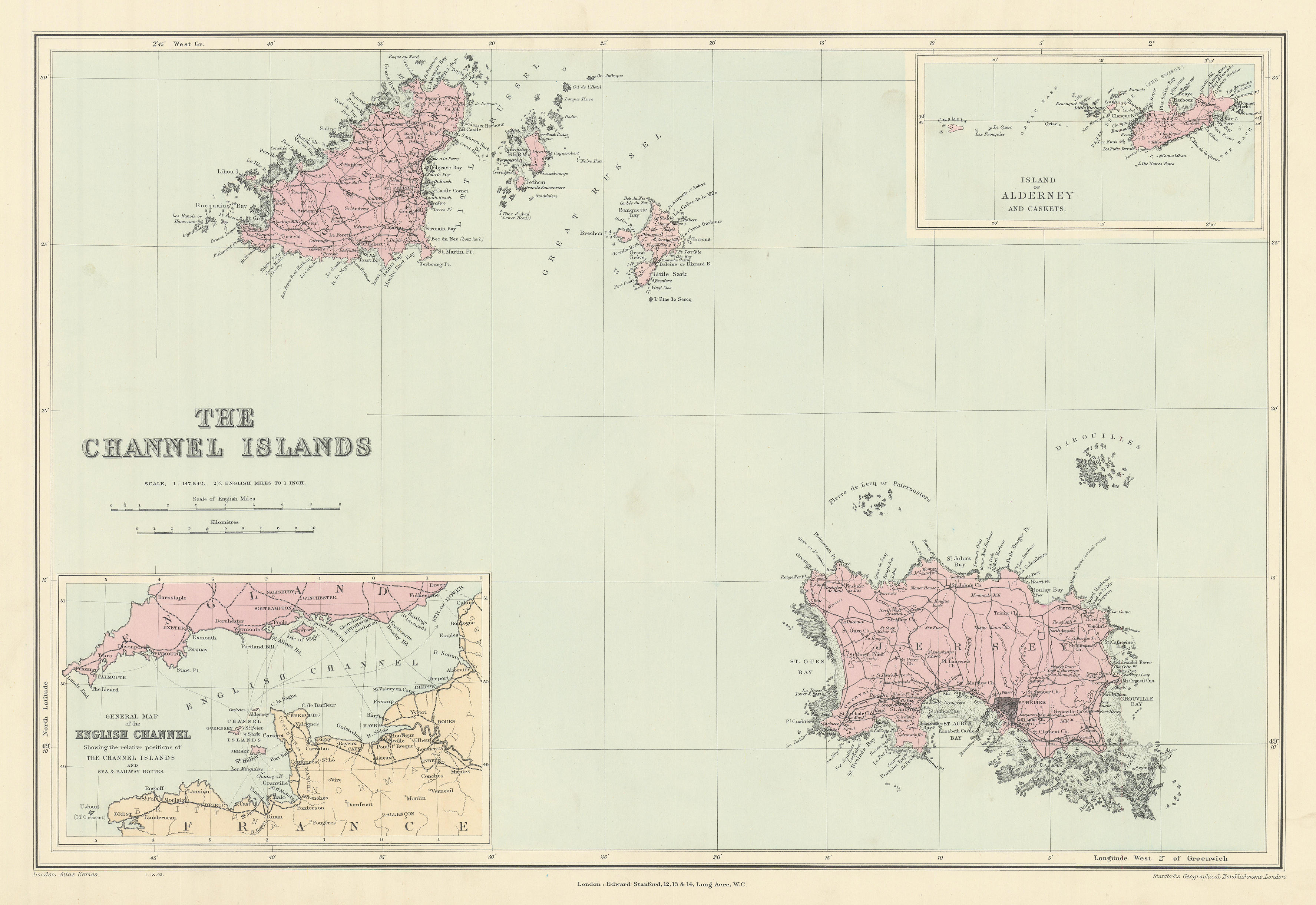 Channel Islands. Guernsey Jersey Alderney Sark Herm Caskets. STANFORD 1904 map