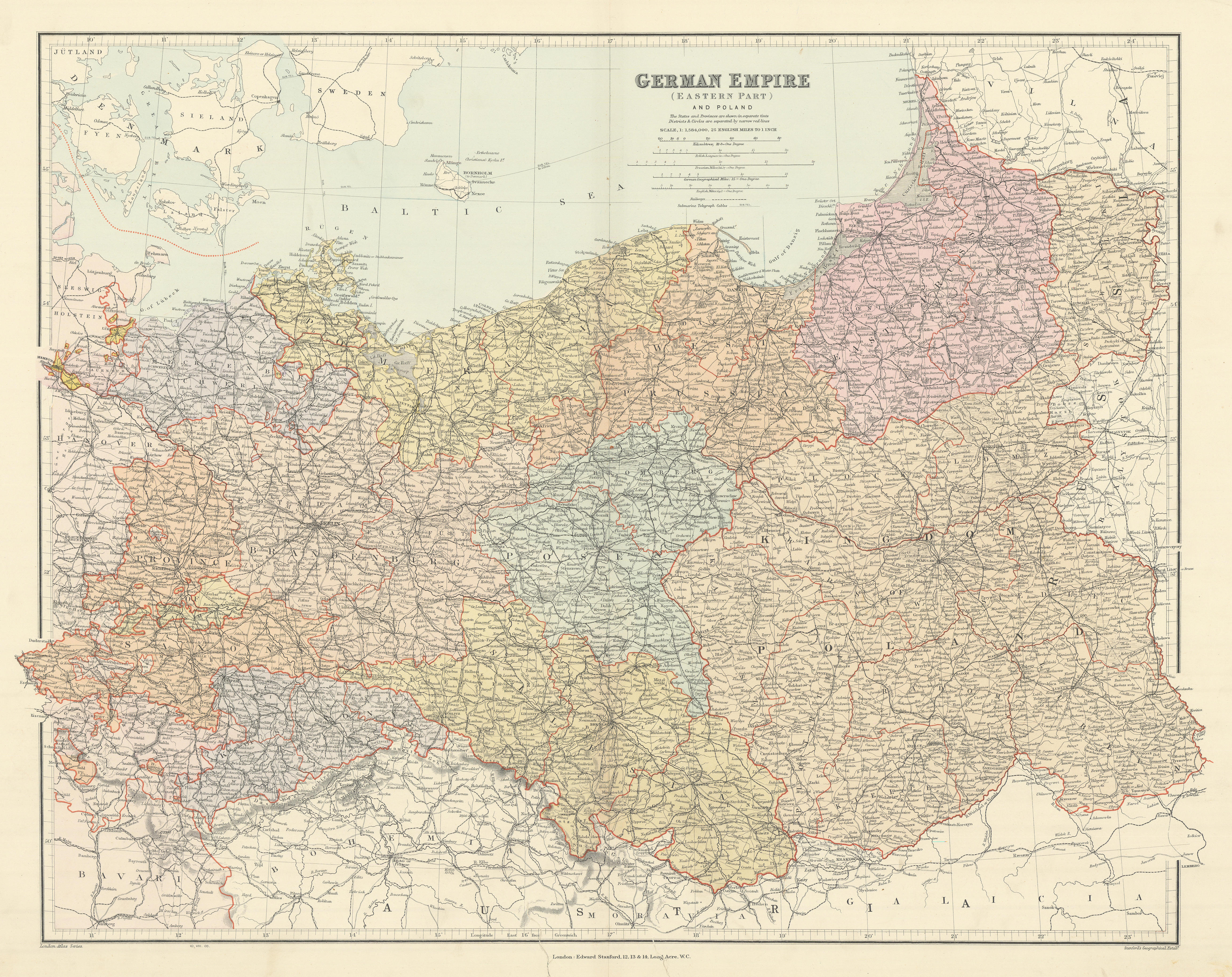 German Empire (eastern part) and Poland. Large 66x52cm. STANFORD 1904 old map