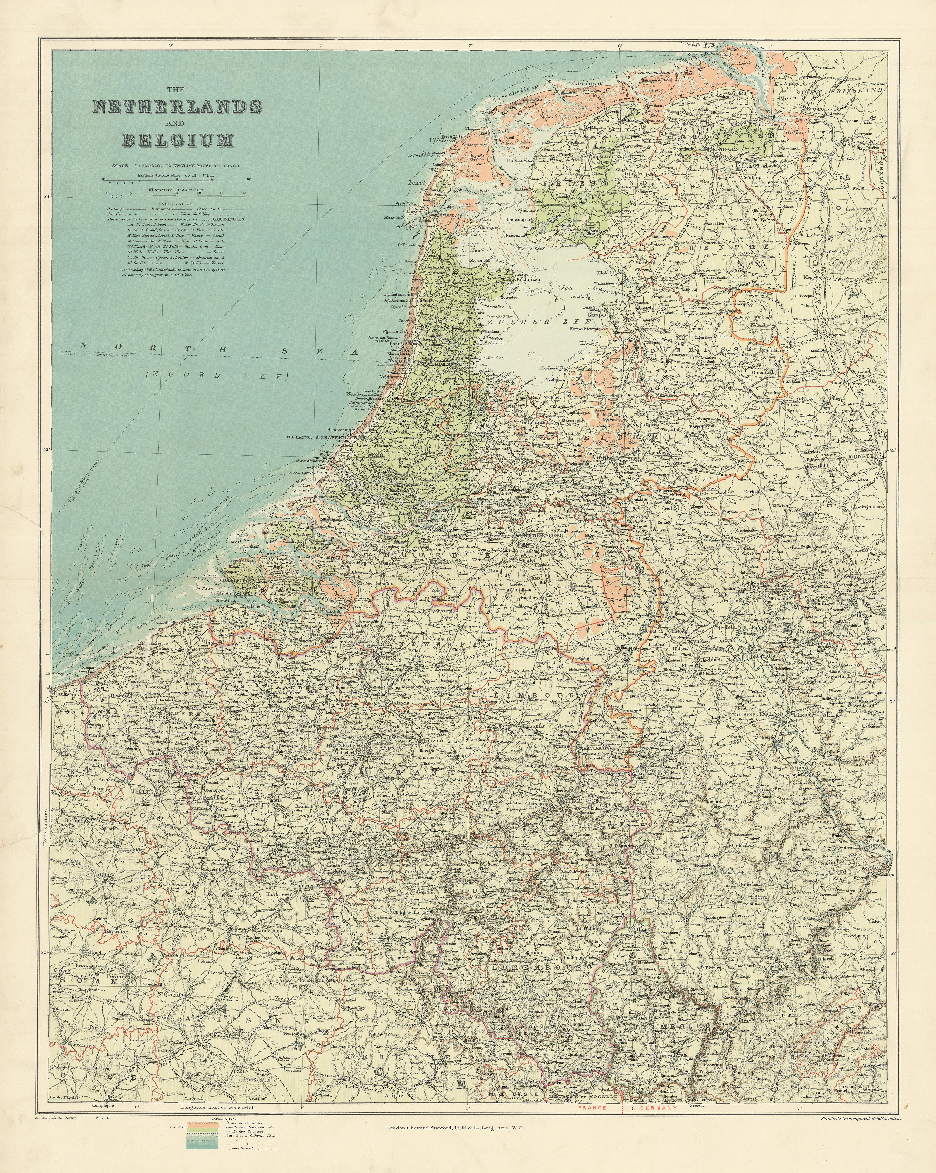 Associate Product Netherlands & Belgium. Benelux. Projected Great Dyke. 68x54cm. STANFORD 1904 map
