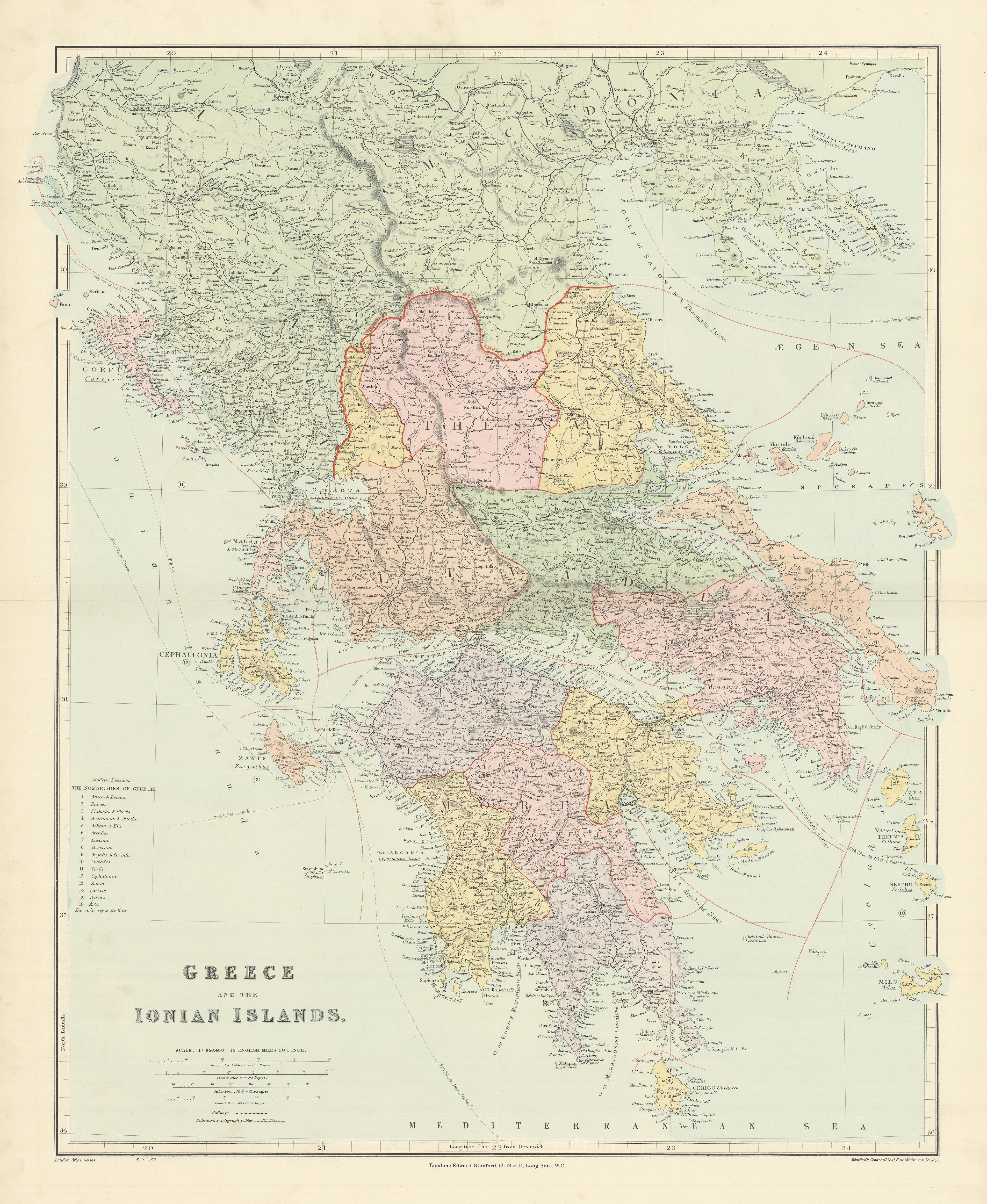 Greece. Nomarchies. Ionian Sporades Cyclades Morea Livadia. STANFORD 1904 map