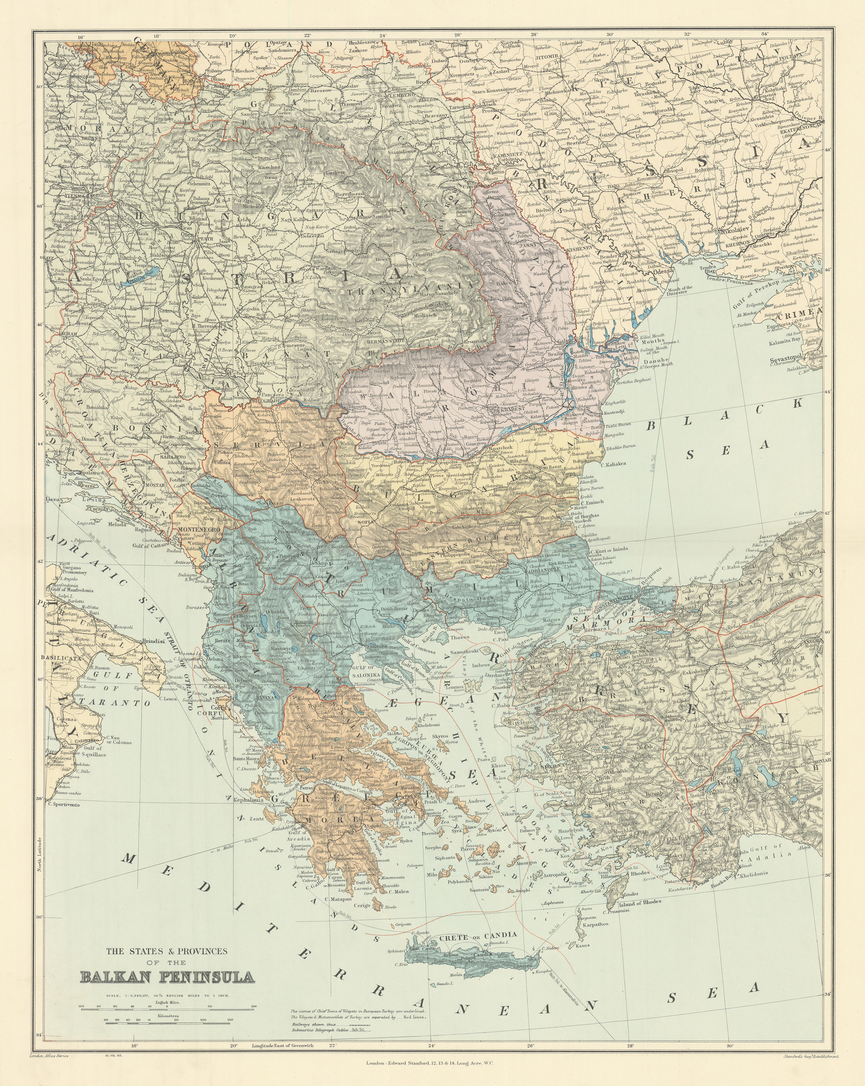 BALKAN PENINSULA Greece Austria Rumili Servia Turkey Romania STANFORD 1904 map