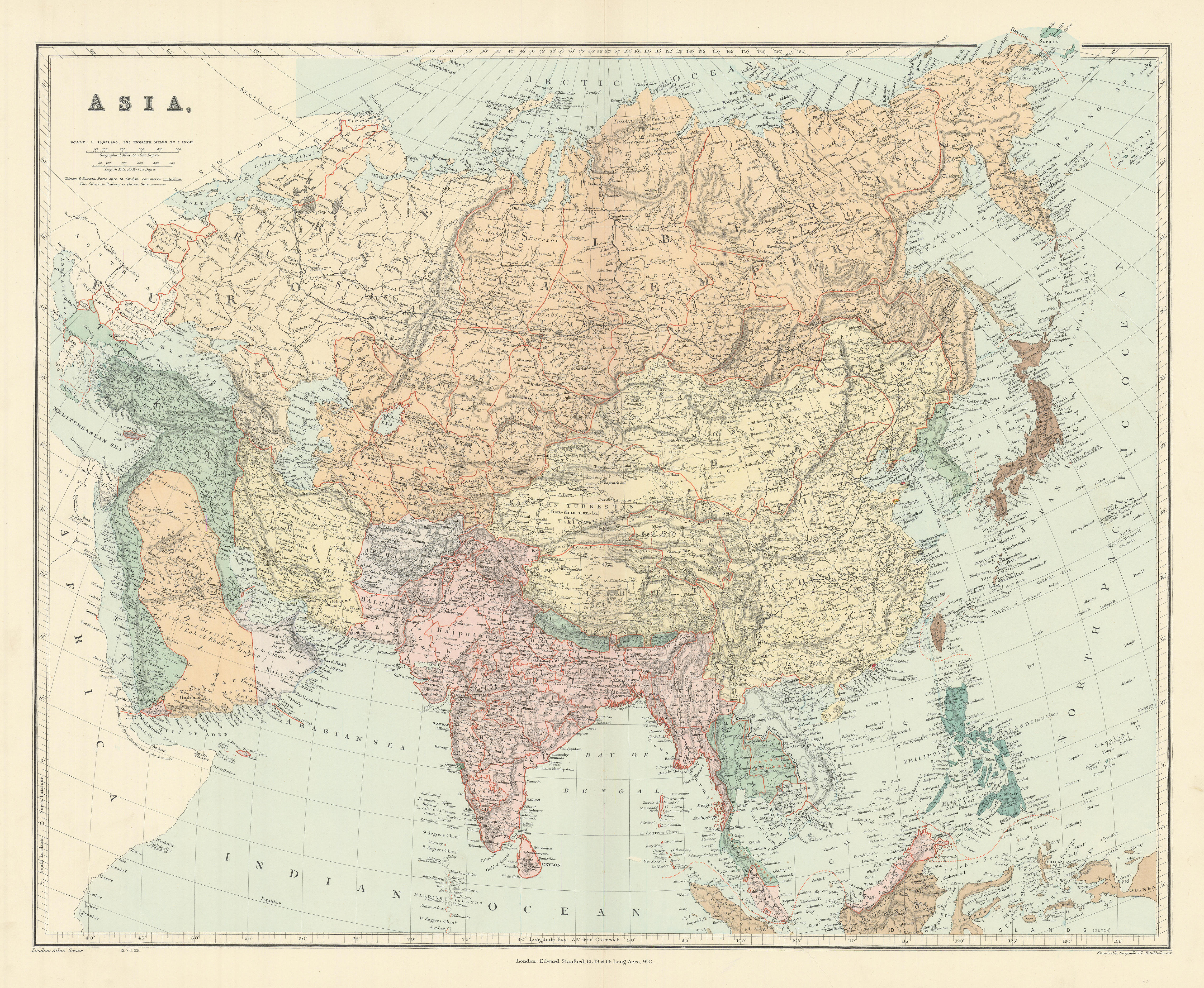 ASIA Japanese Formosa British India Siam Oman Abu Debi (Dhabi) STANFORD 1904 map