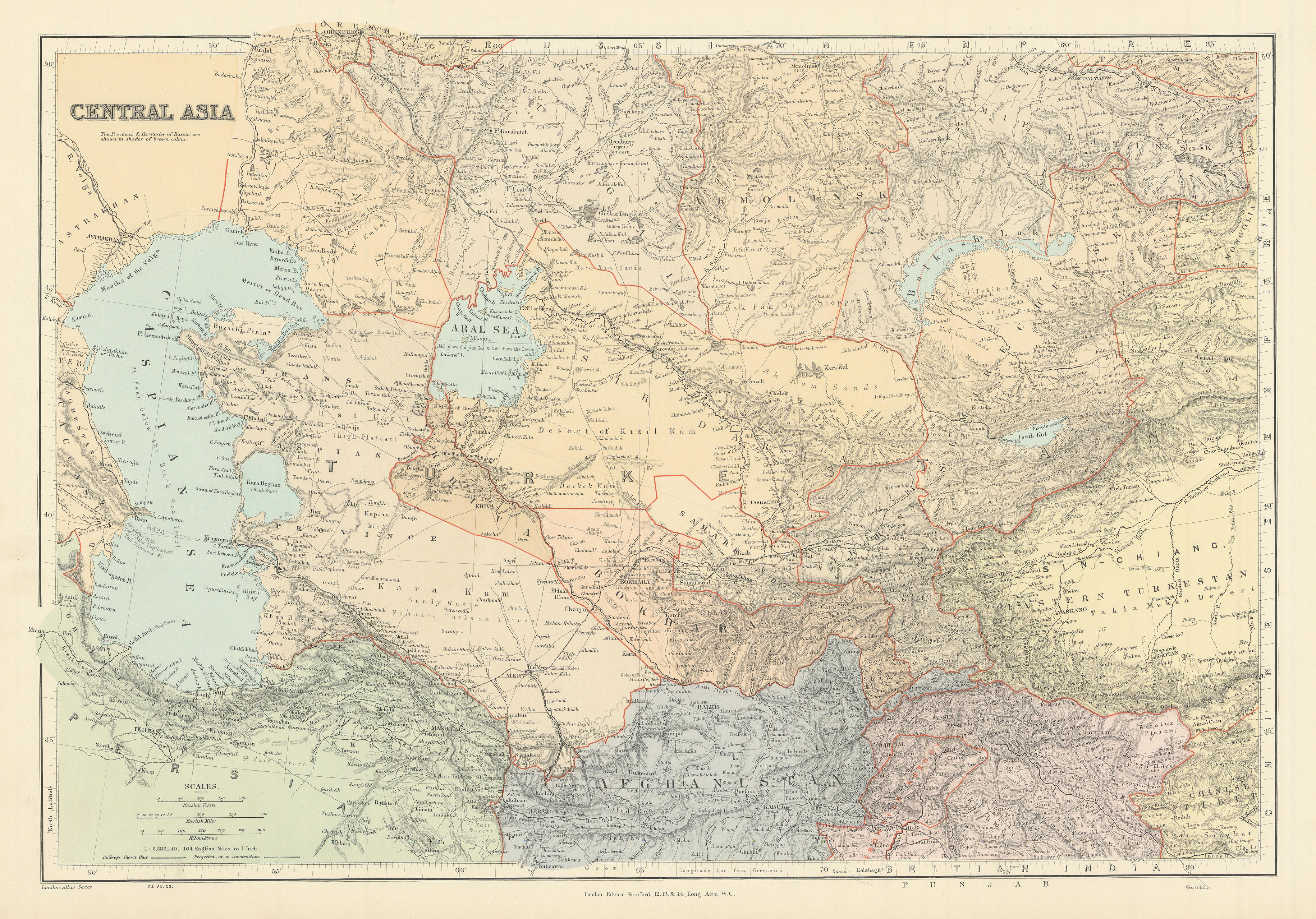 Central Asia. Trans-Caspian Aral Sea Khiva Bokhara Sirdaria STANFORD 1904 map