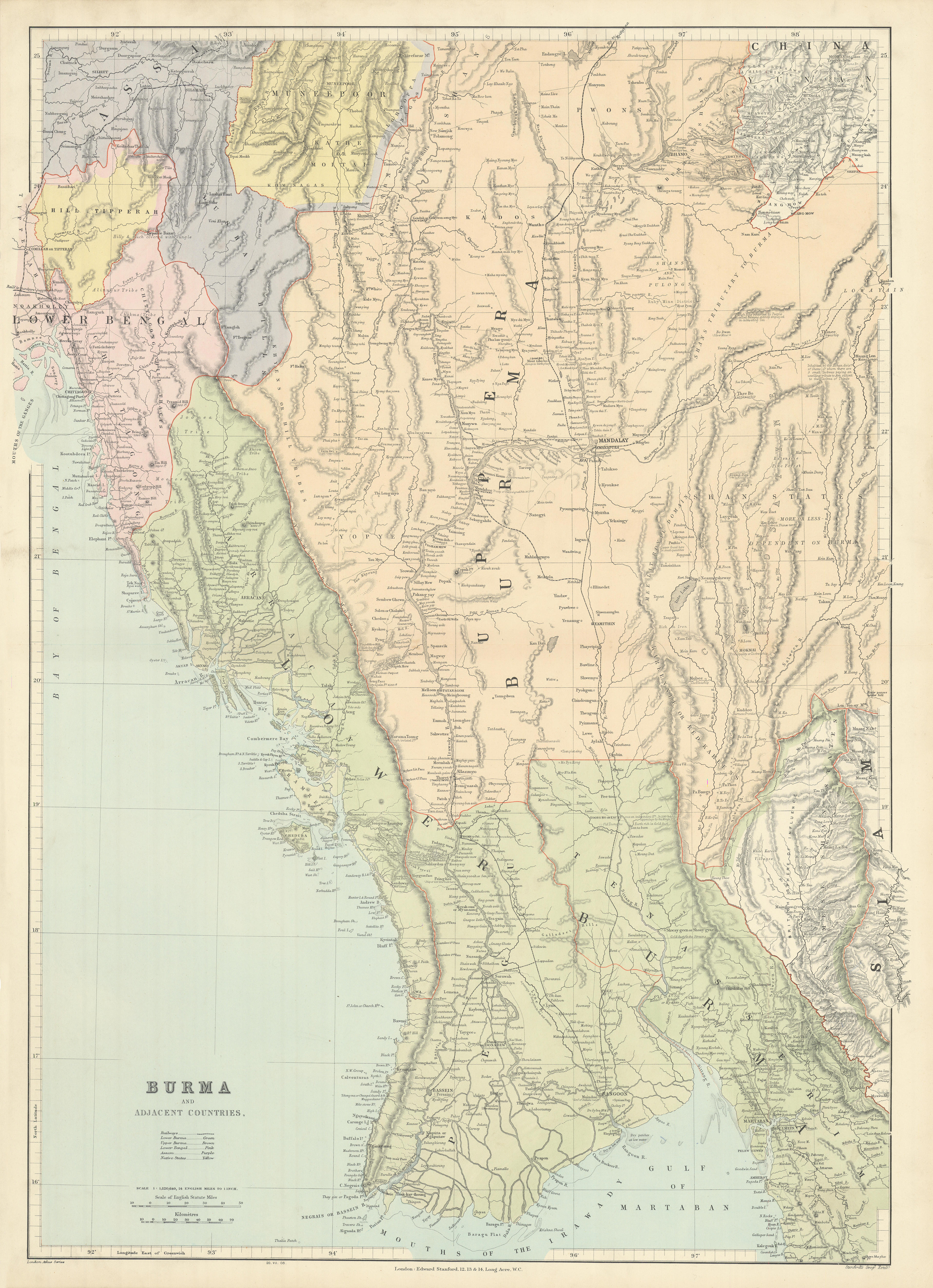 Burma & Adjacent Countries. Myanmar Bengal Assam. 75x54cm. STANFORD 1904 map