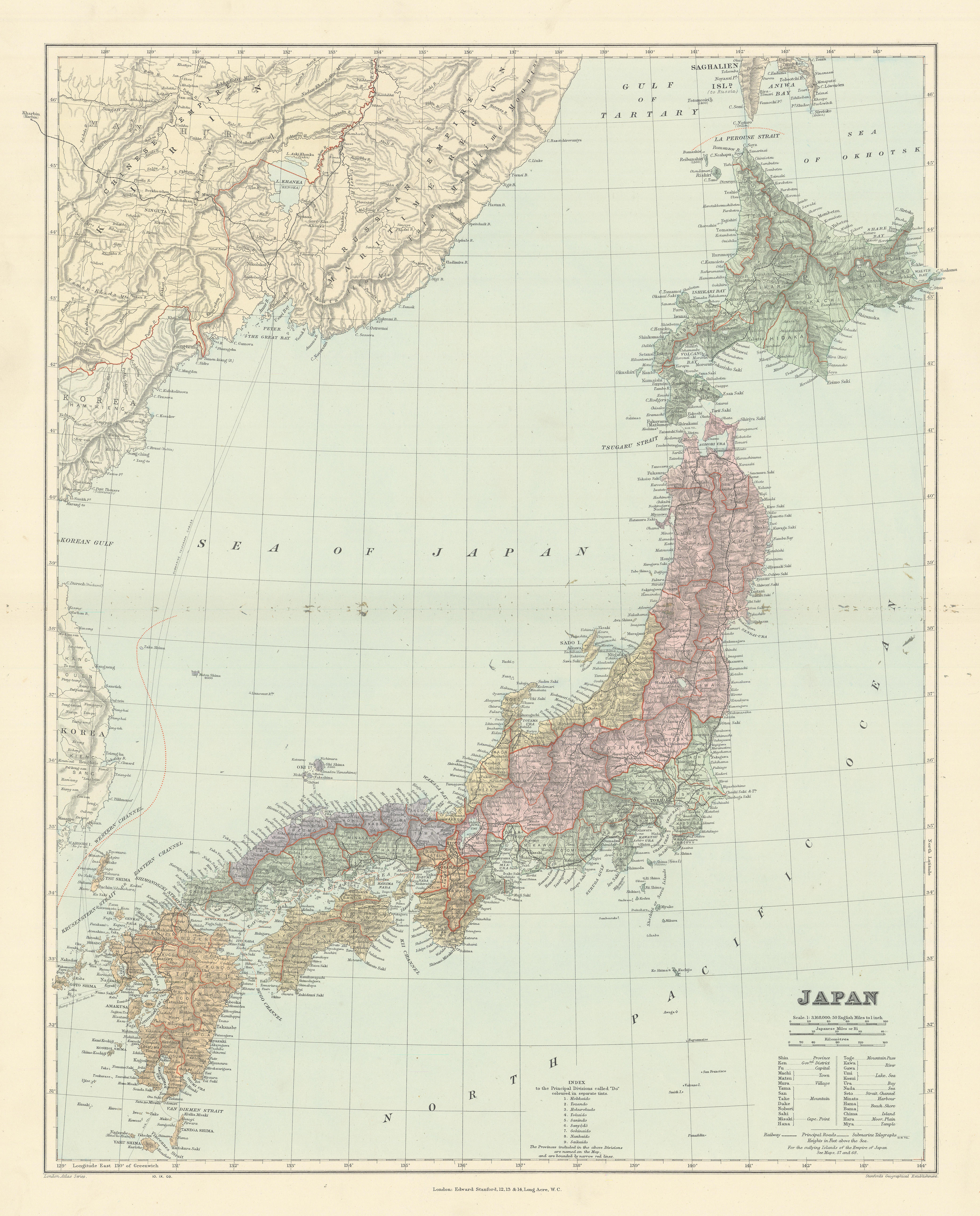The Islands of Japan, in Provinces/prefectures. 65x52cm. STANFORD 1904 old map