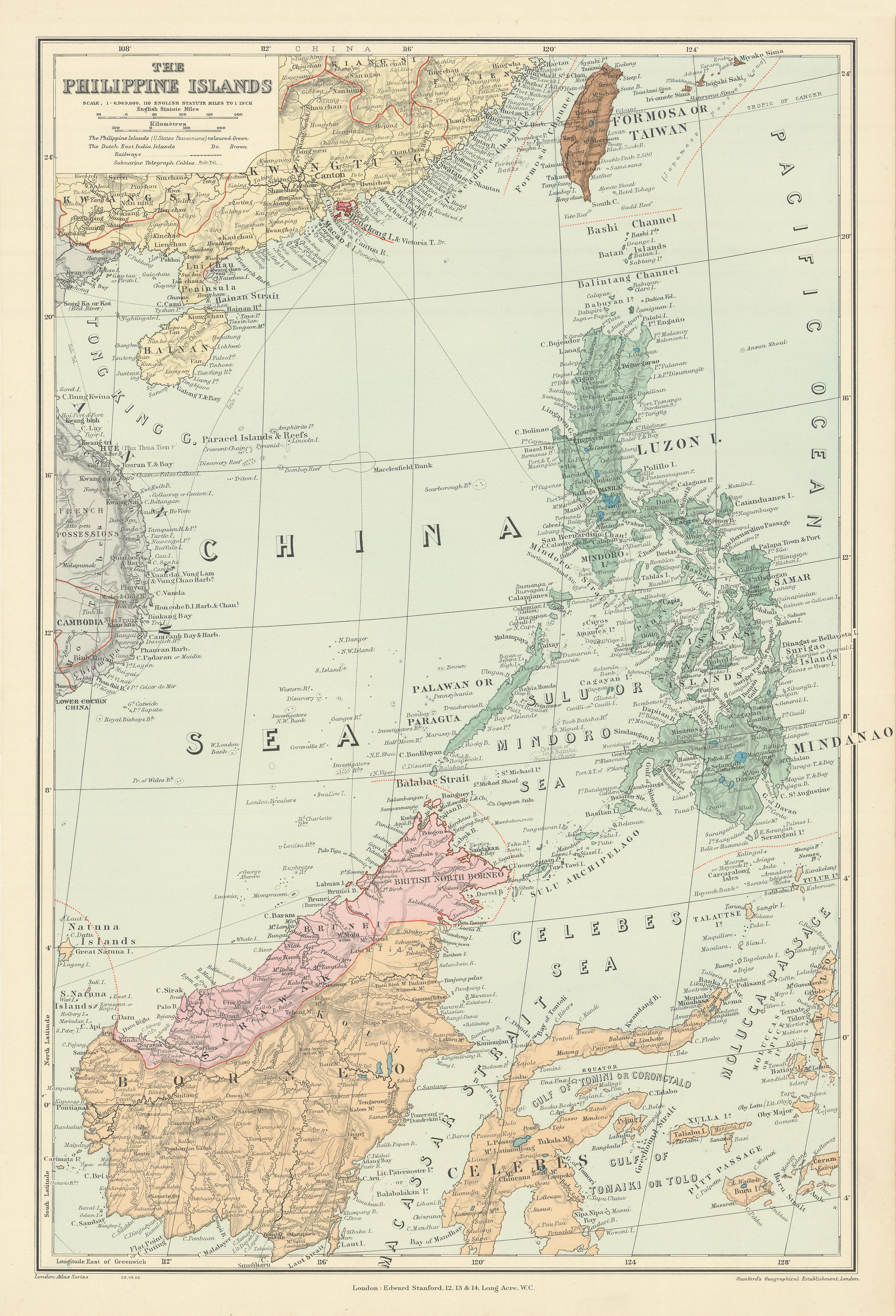 Philippine Islands. Borneo Celebes Sulawesi Kalimantan. STANFORD 1904 old map