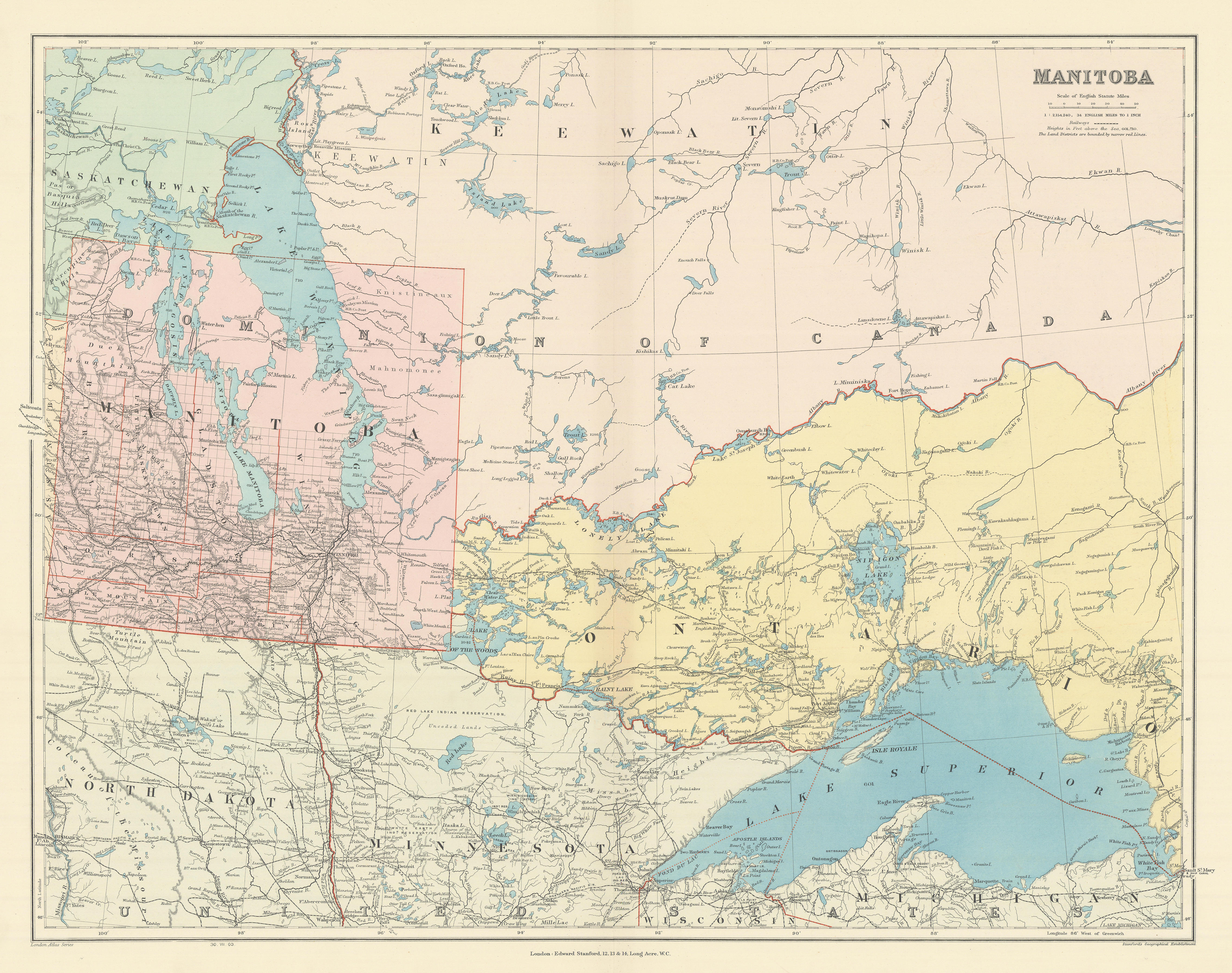 Associate Product Manitoba. West Ontario, Lake Superior & Winnipeg. Canada. STANFORD 1904 map