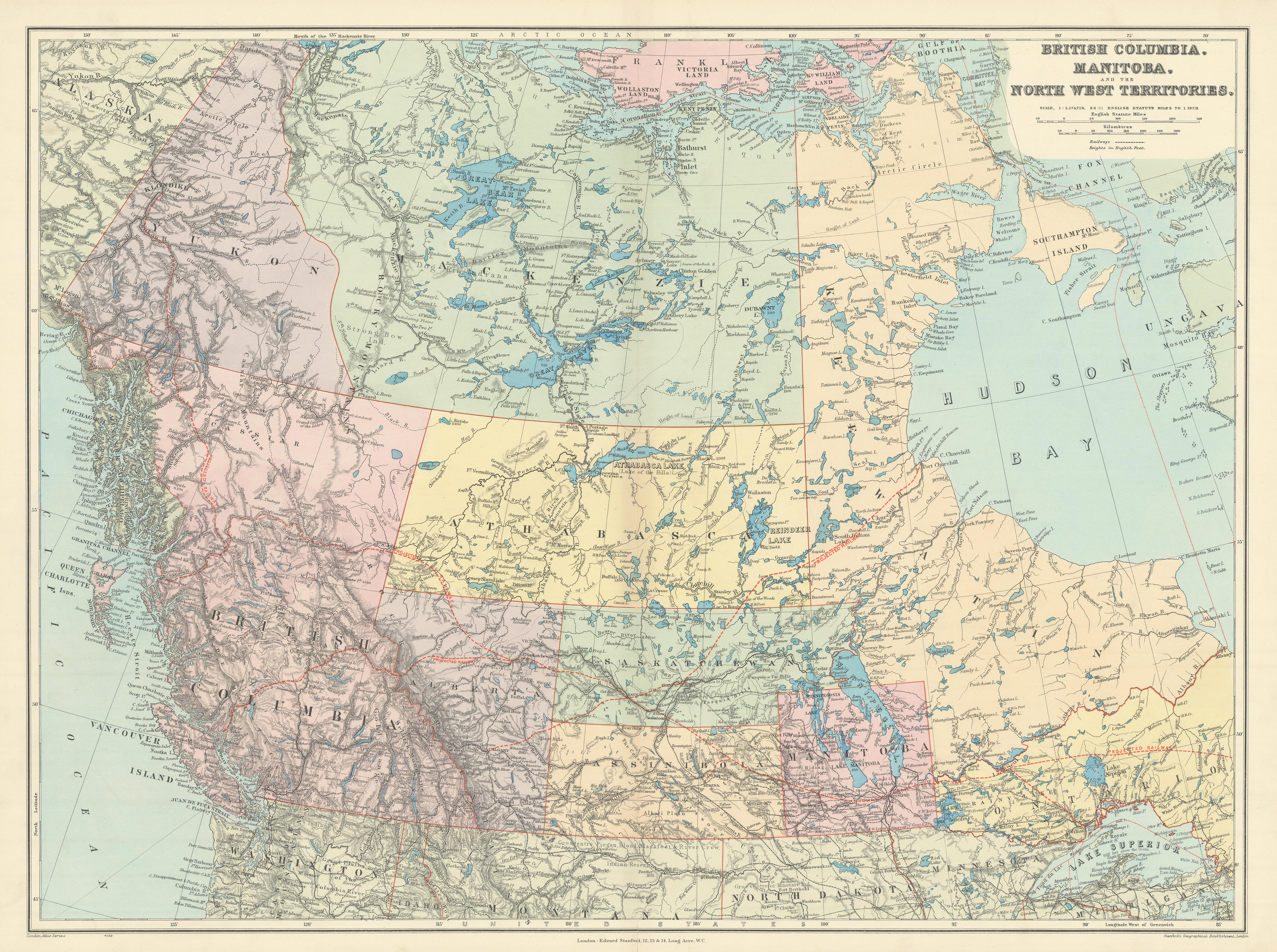 British Columbia & Northwest Territory. Manitoba Canada. STANFORD 1904 old map