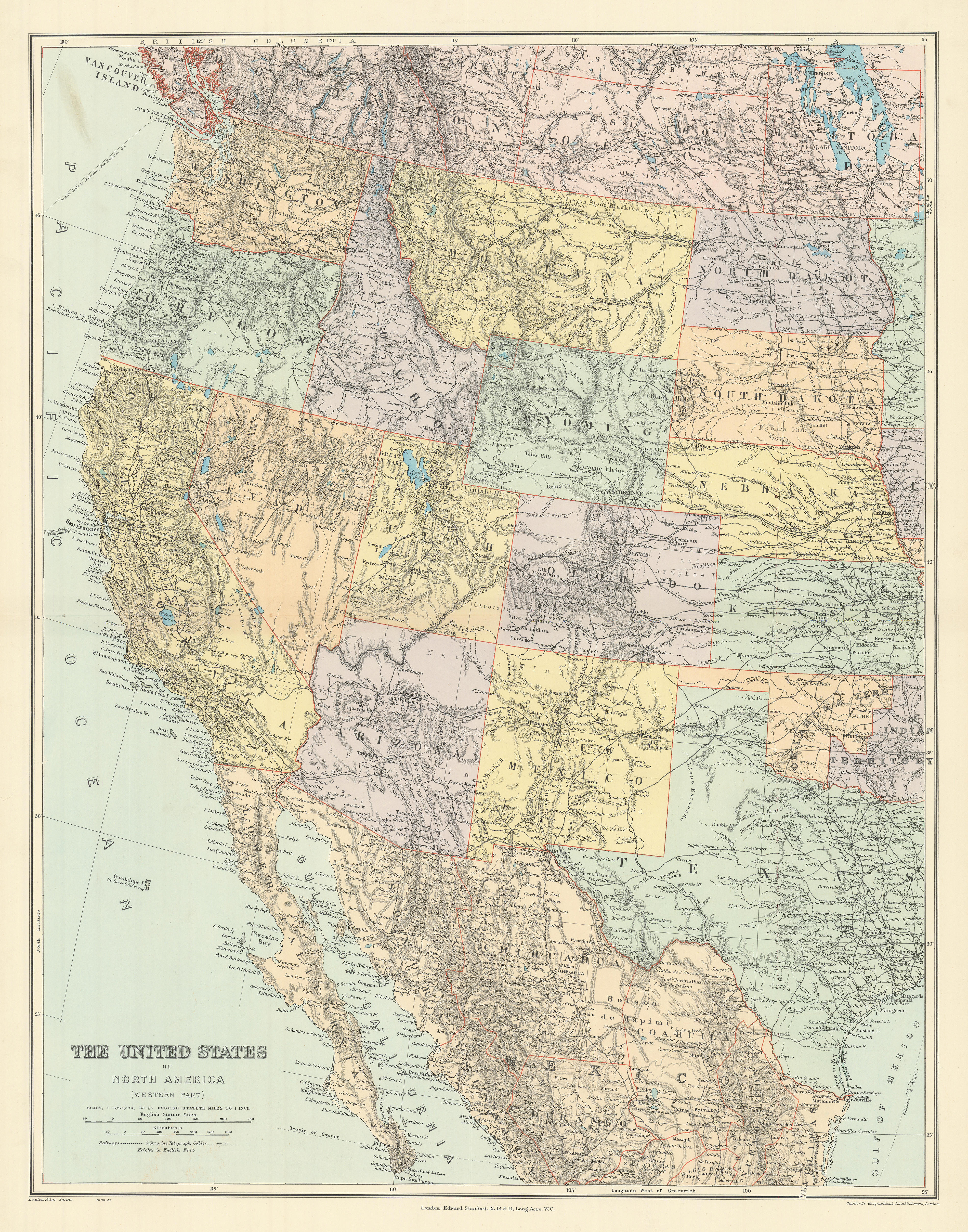 The United States of North America, Western part. USA. 69x54cm STANFORD 1904 map
