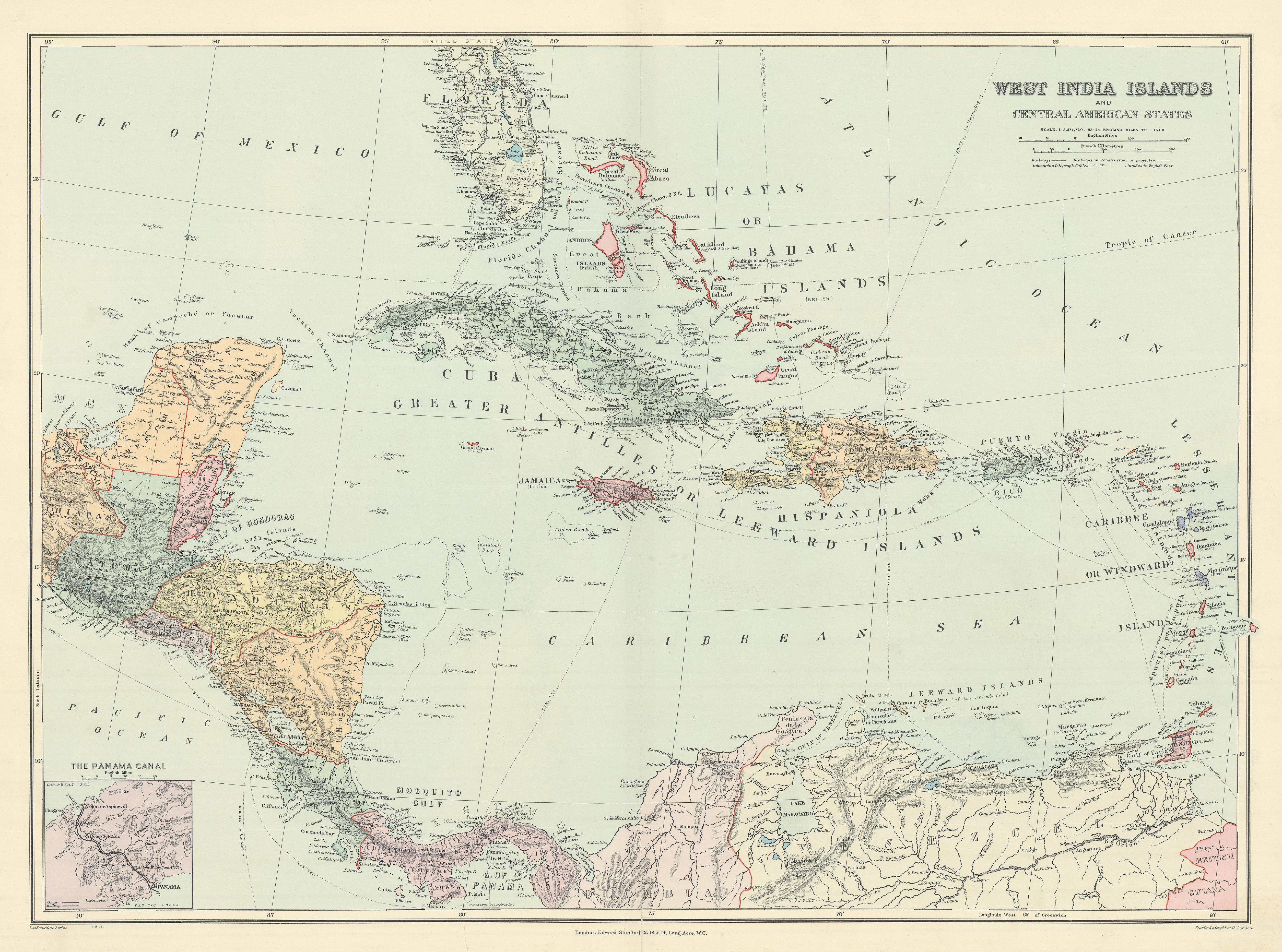West India Islands & Central American States. Caribbean. STANFORD 1904 old map