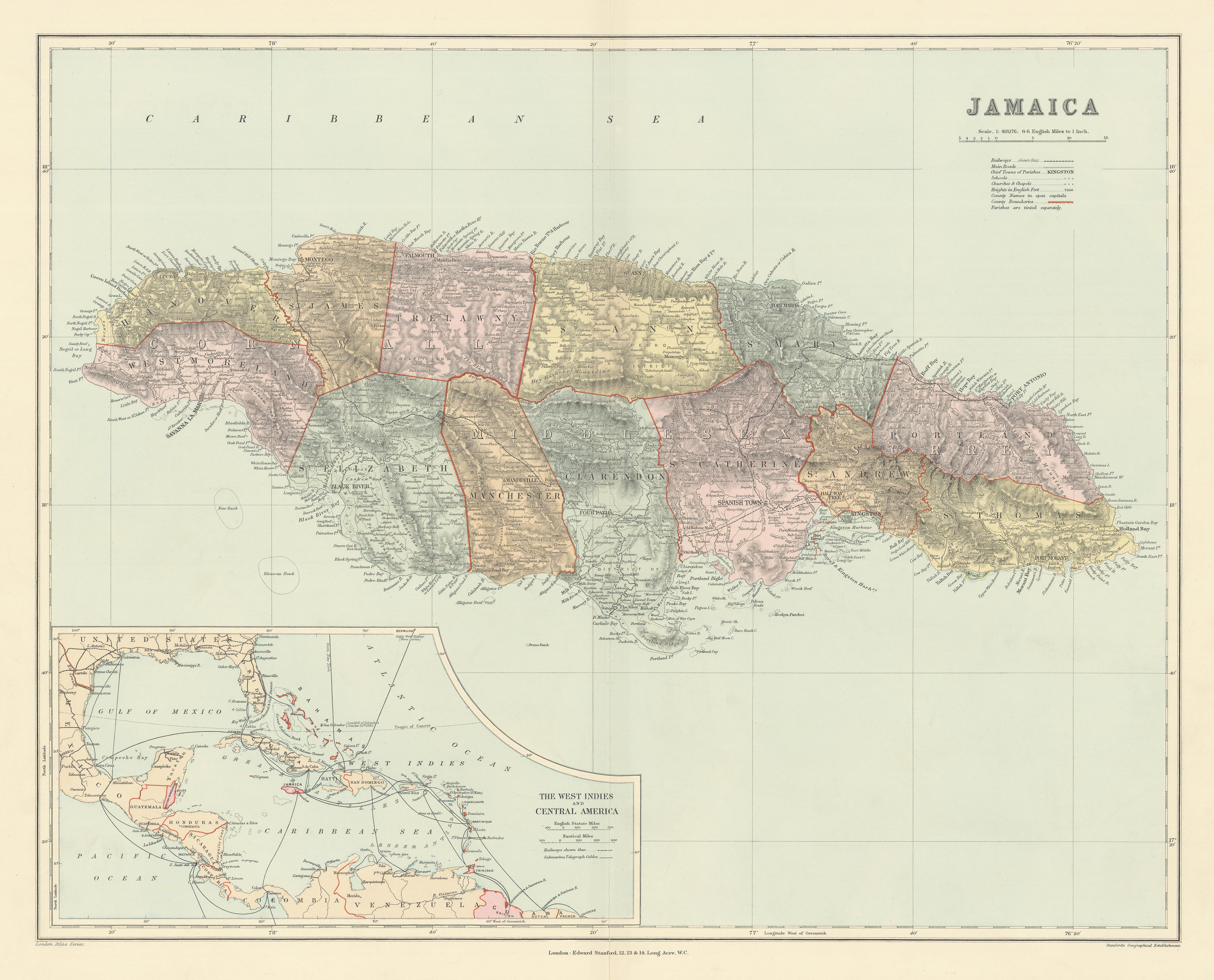 Associate Product Jamaica, in parishes. West Indies telegraph cables. 51x63cm. STANFORD 1904 map