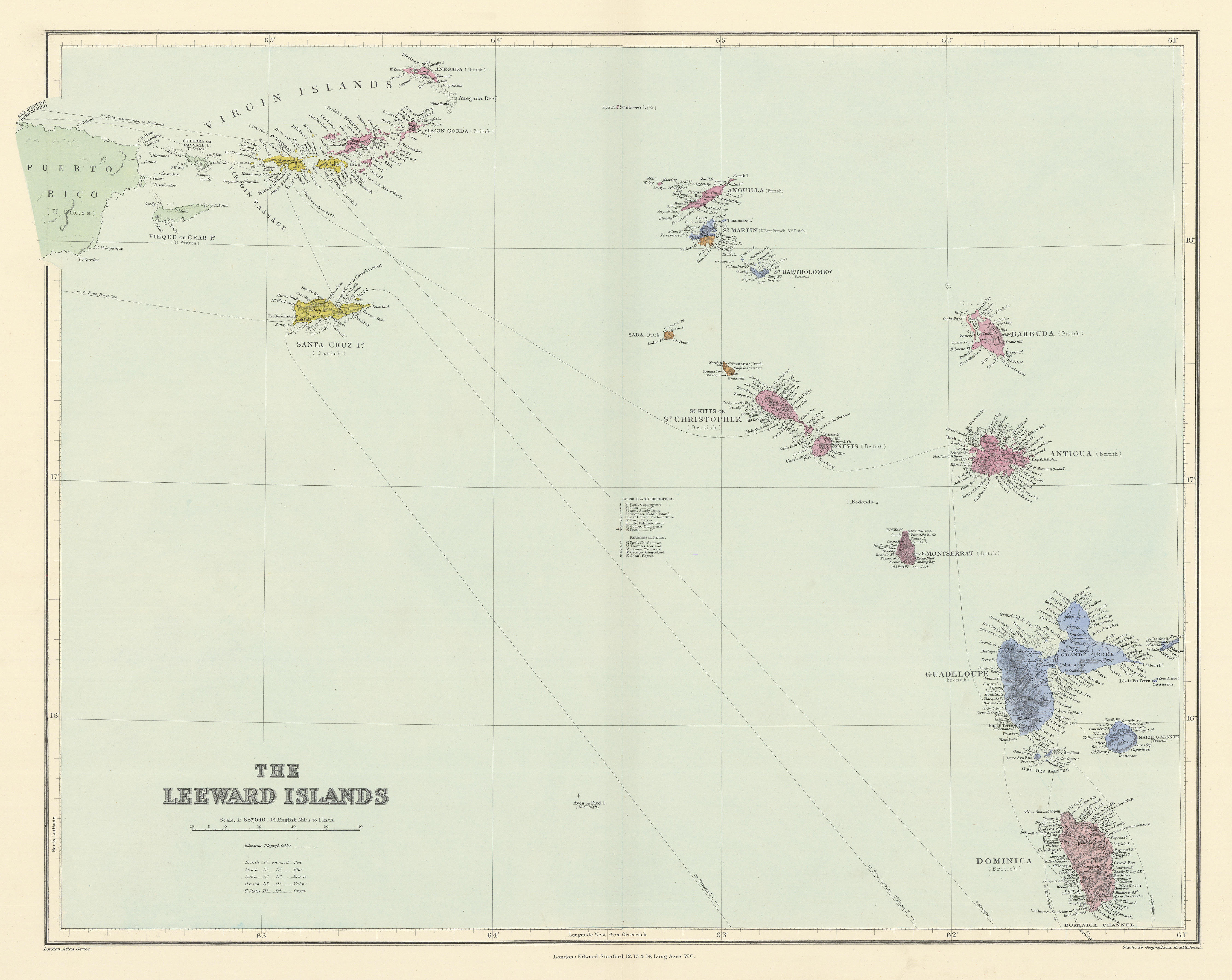 Leeward Islands. West Indies Virgin Antigua Dominica St. Kitts STANFORD 1904 map