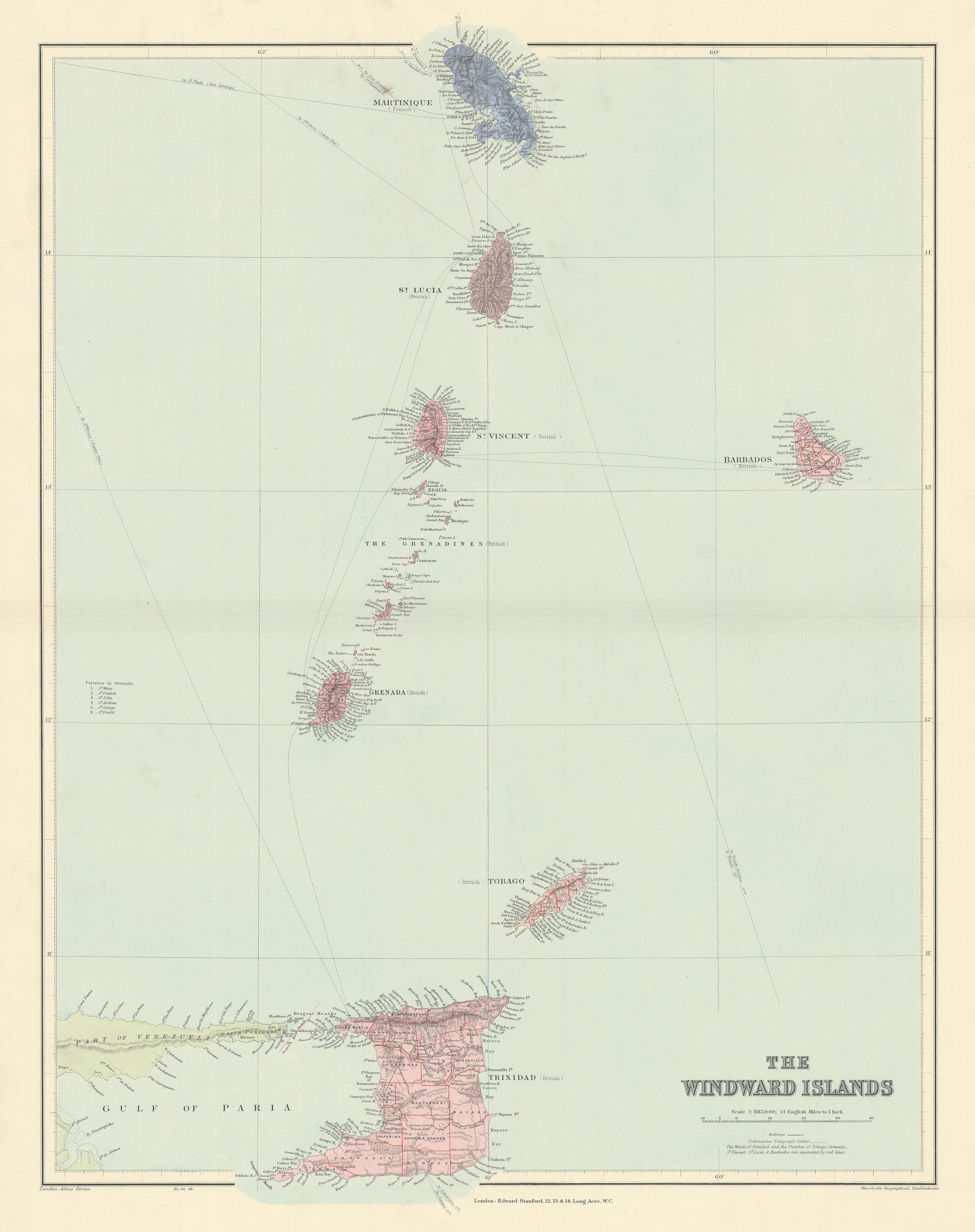 Associate Product Windward Islands. Trinidad Barbados St. Lucia Grenadines. STANFORD 1904 map