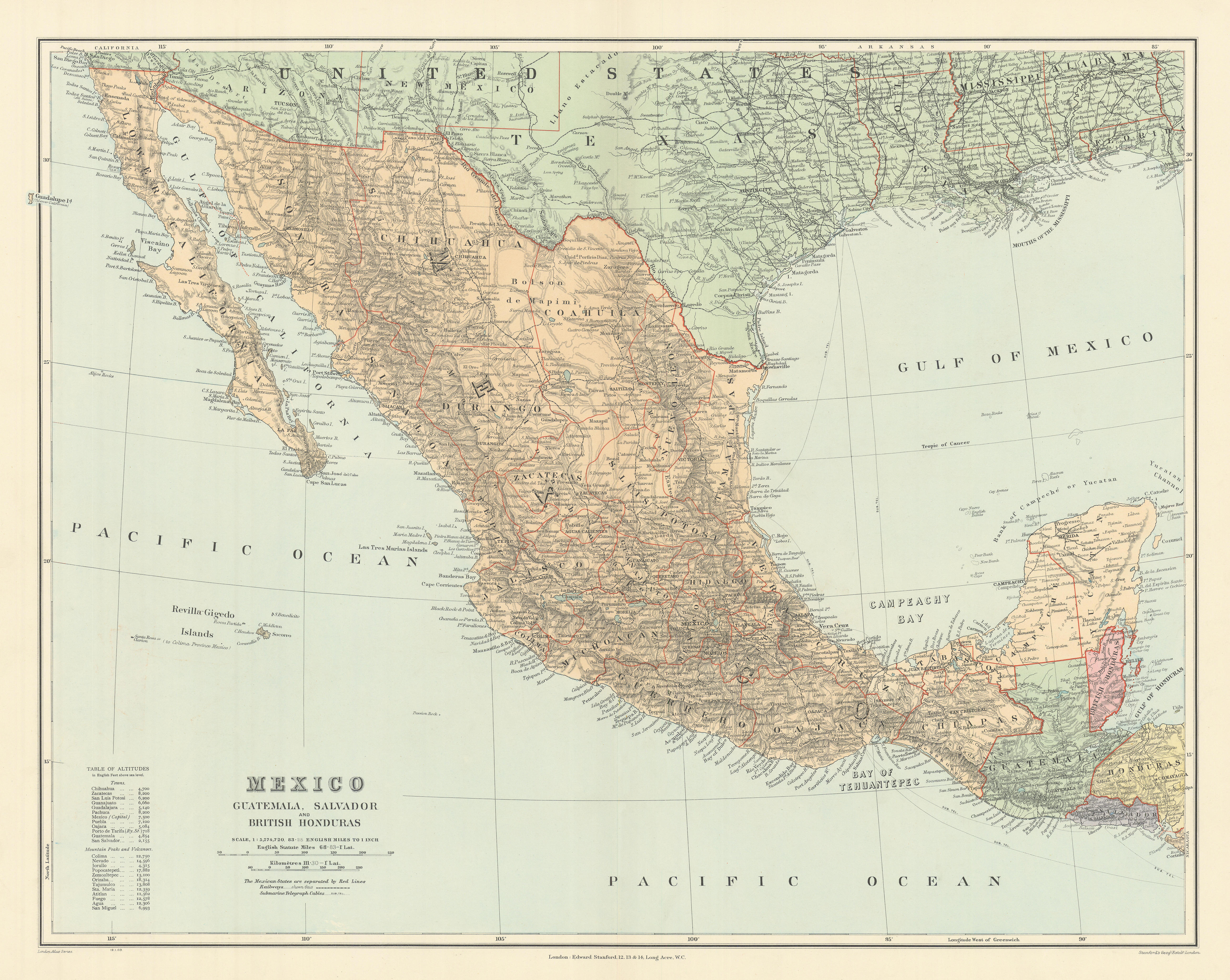 Mexico Guatemala El Salvador Belizes. Revillagigedo Socorro. STANFORD 1904 map