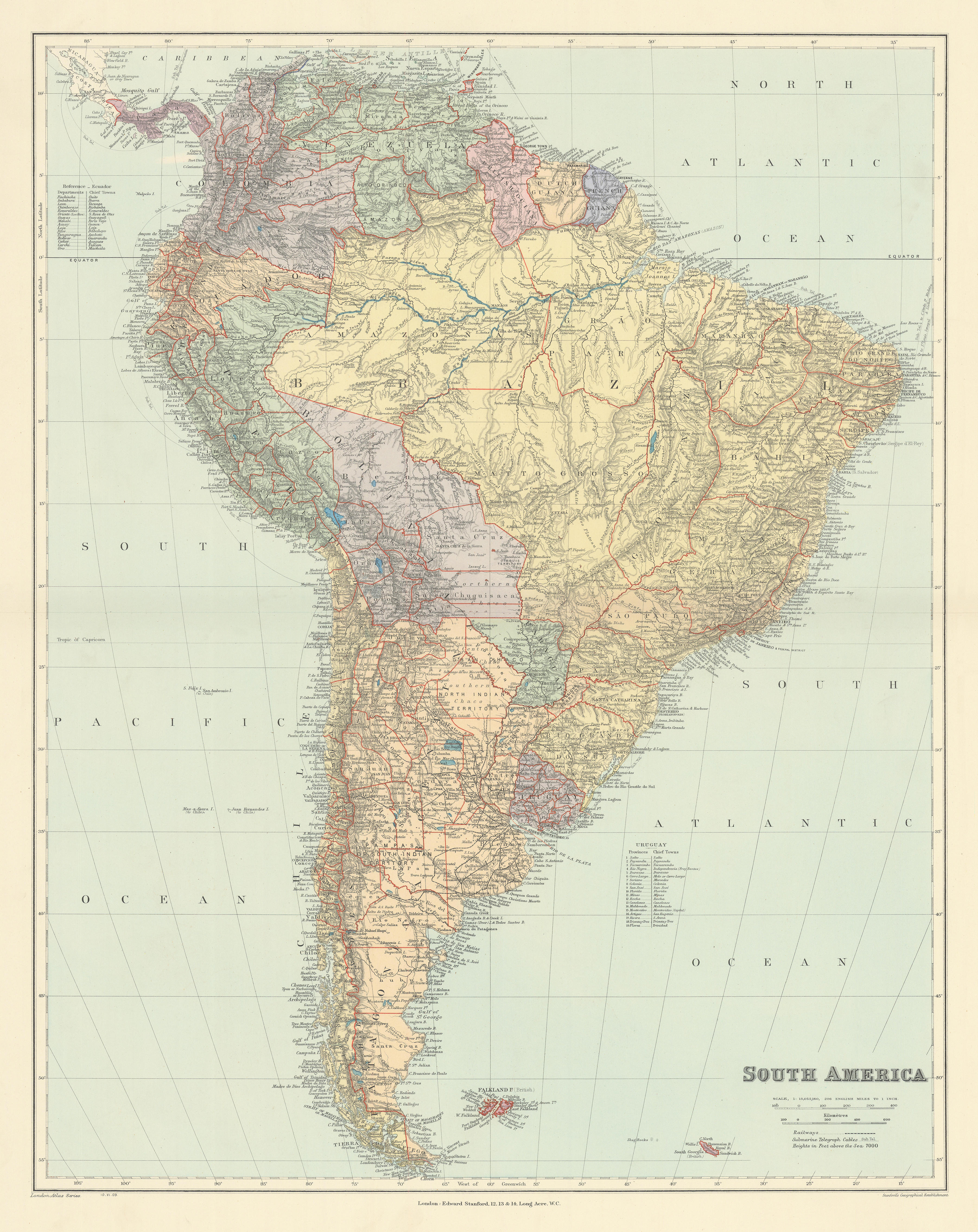 South America. Large 64x51cm. STANFORD 1904 old antique vintage map plan chart