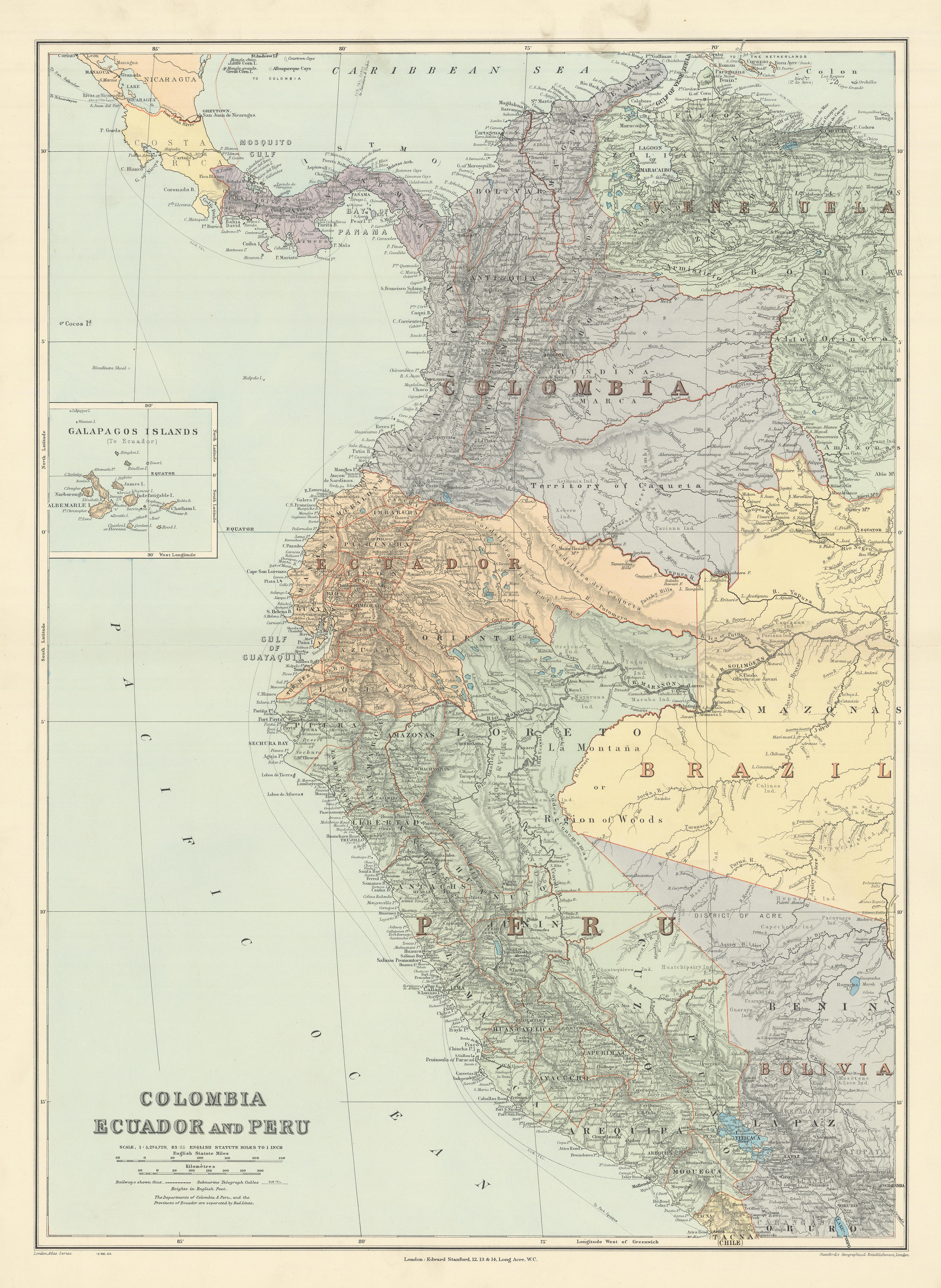 Associate Product Colombia, Ecuador & Peru. Andean States. Panama canal. 71x52cm STANFORD 1904 map