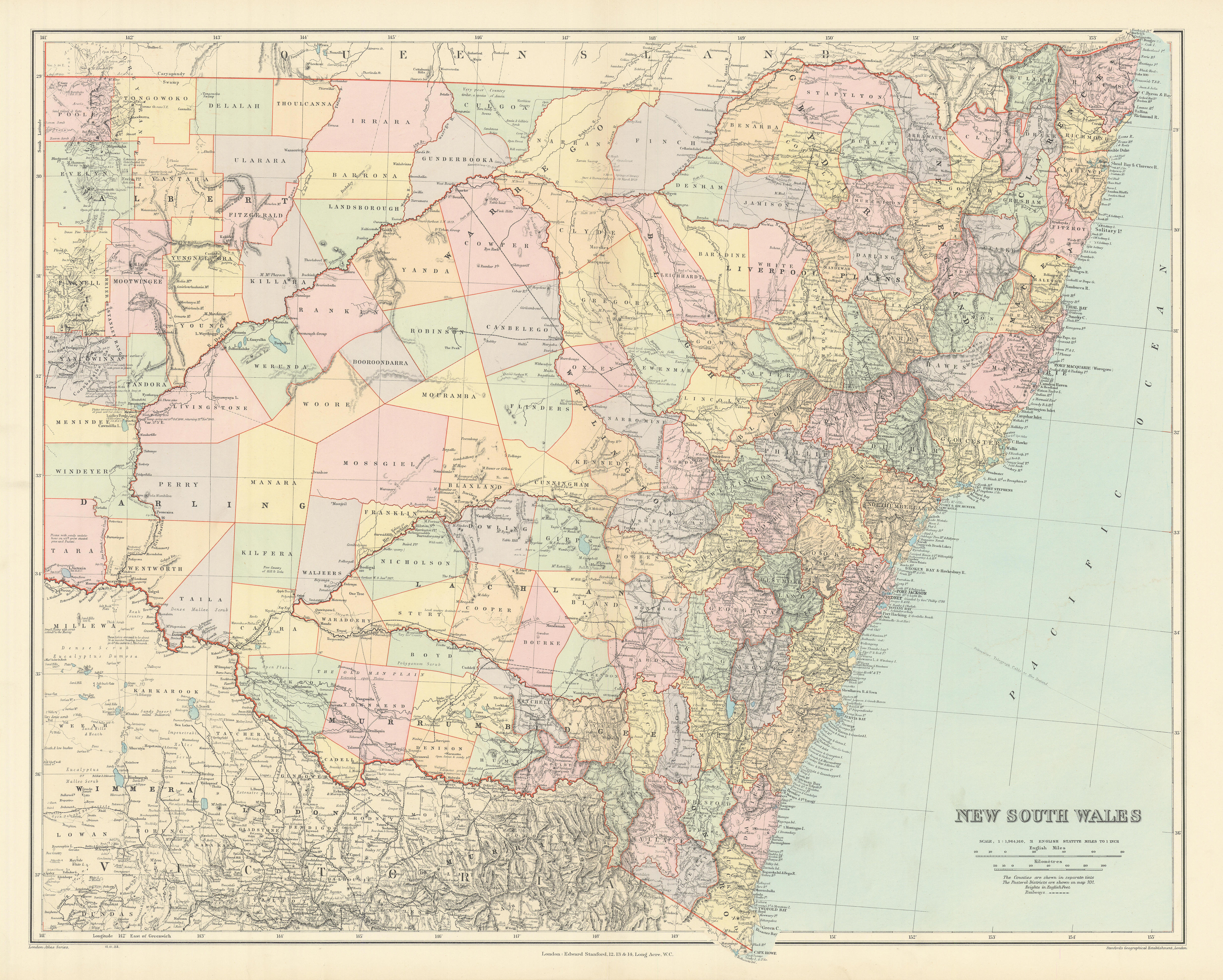 New South Wales showing counties & railways. 53x65cm. STANFORD 1904 old map