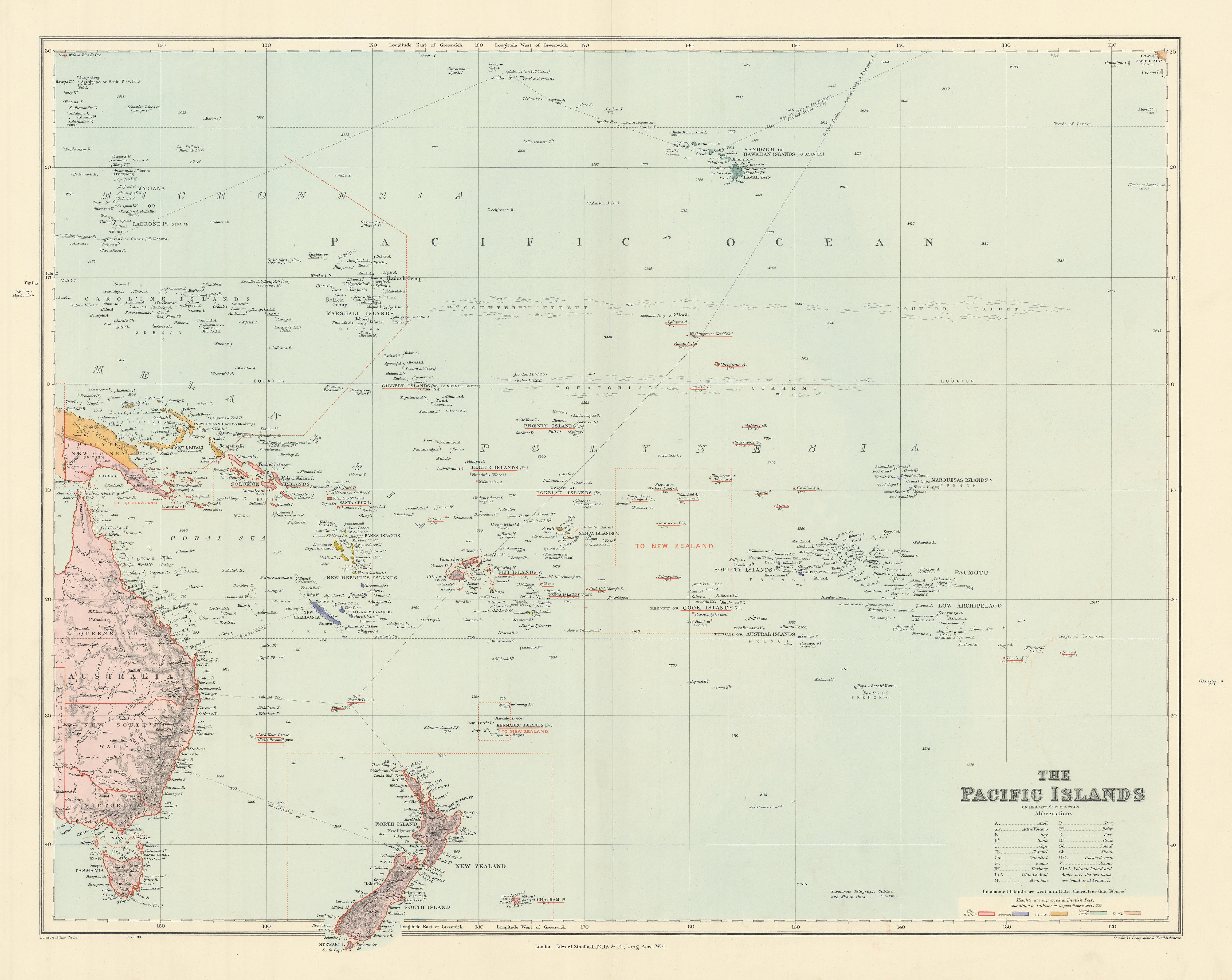 Pacific Islands. Melanesia Polynesia Micronesia. Hawaii. STANFORD 1904 old map
