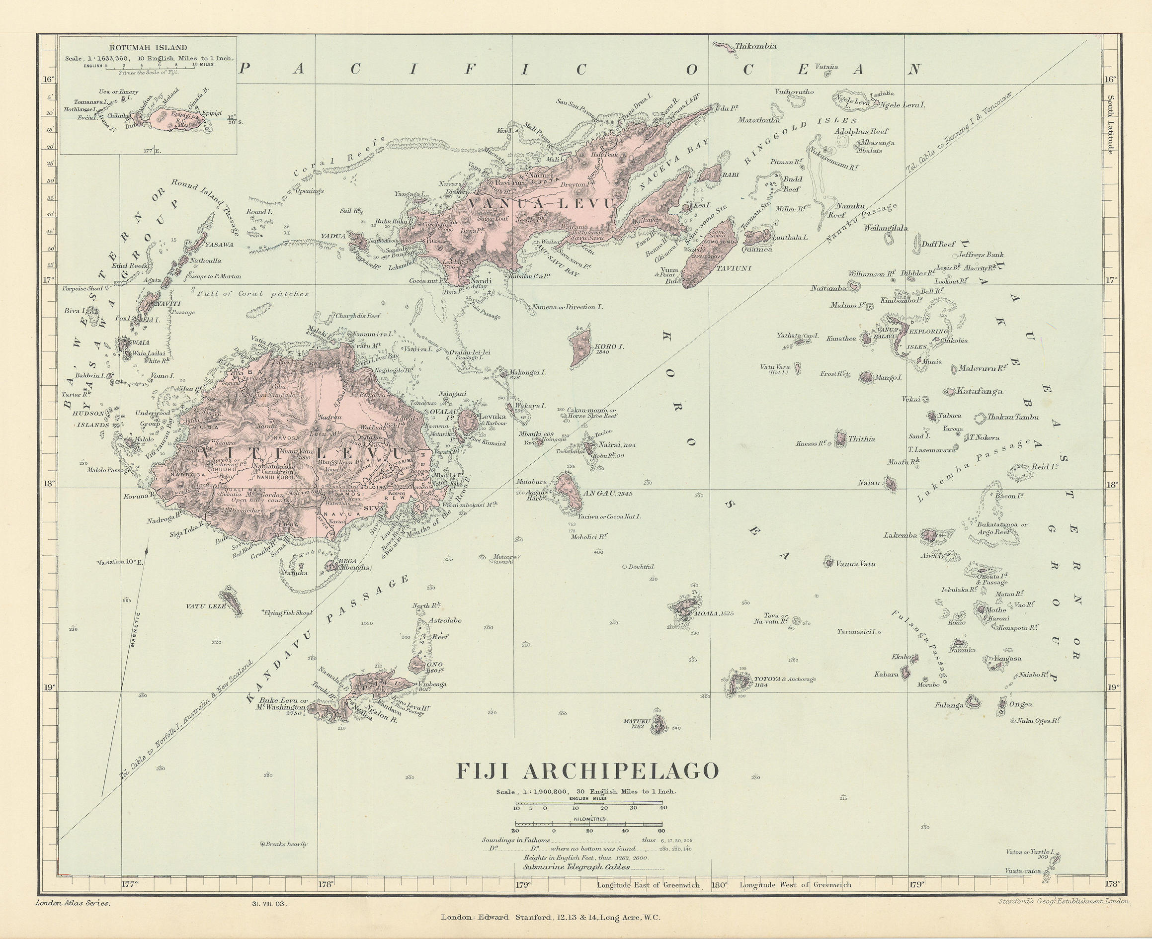 Tasmania / Fiji Archipelago. Vanua Levu. Viti Levu. STANFORD 1904 old map