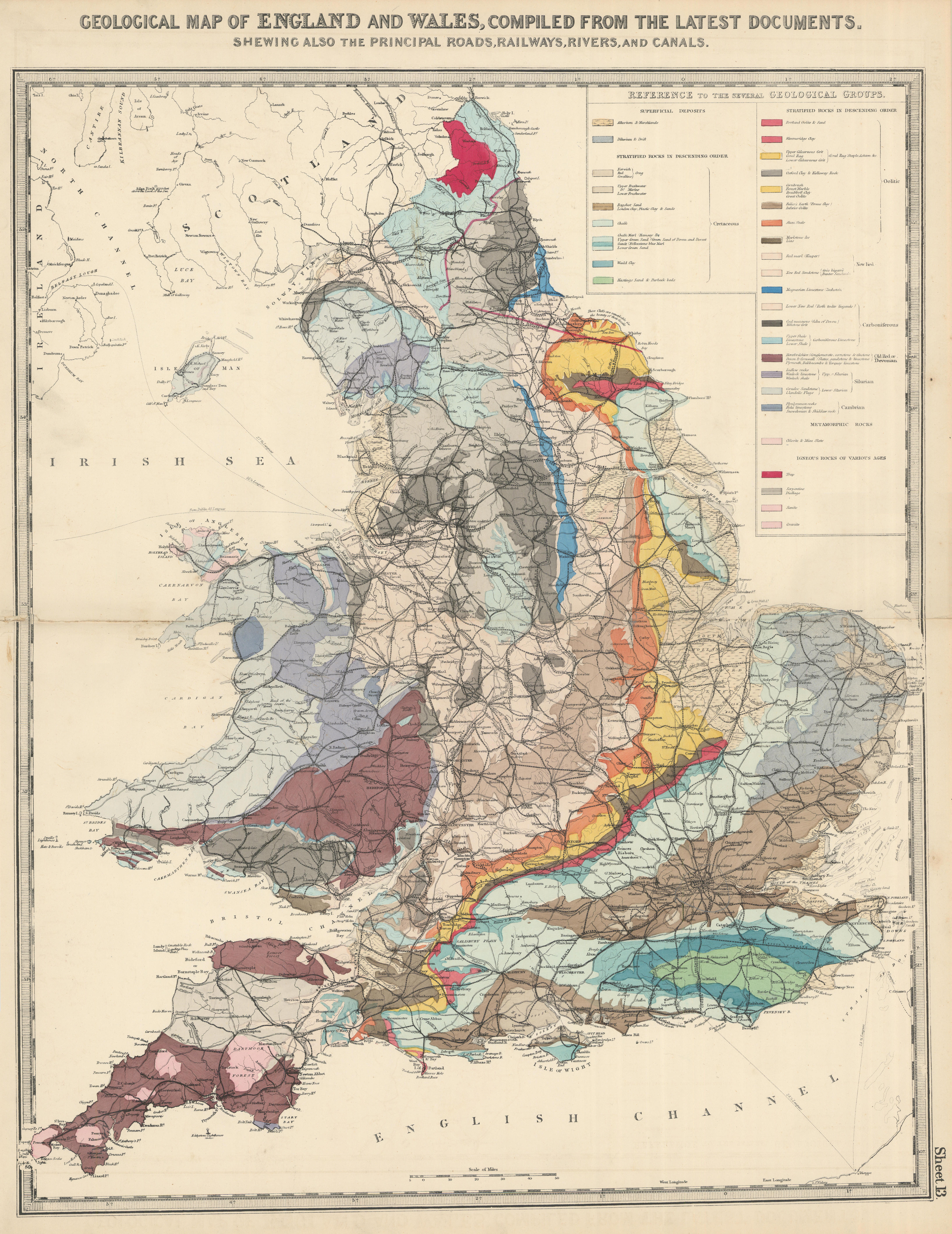 Associate Product Geological map of England and Wales, by GW Bacon 1883 old antique chart