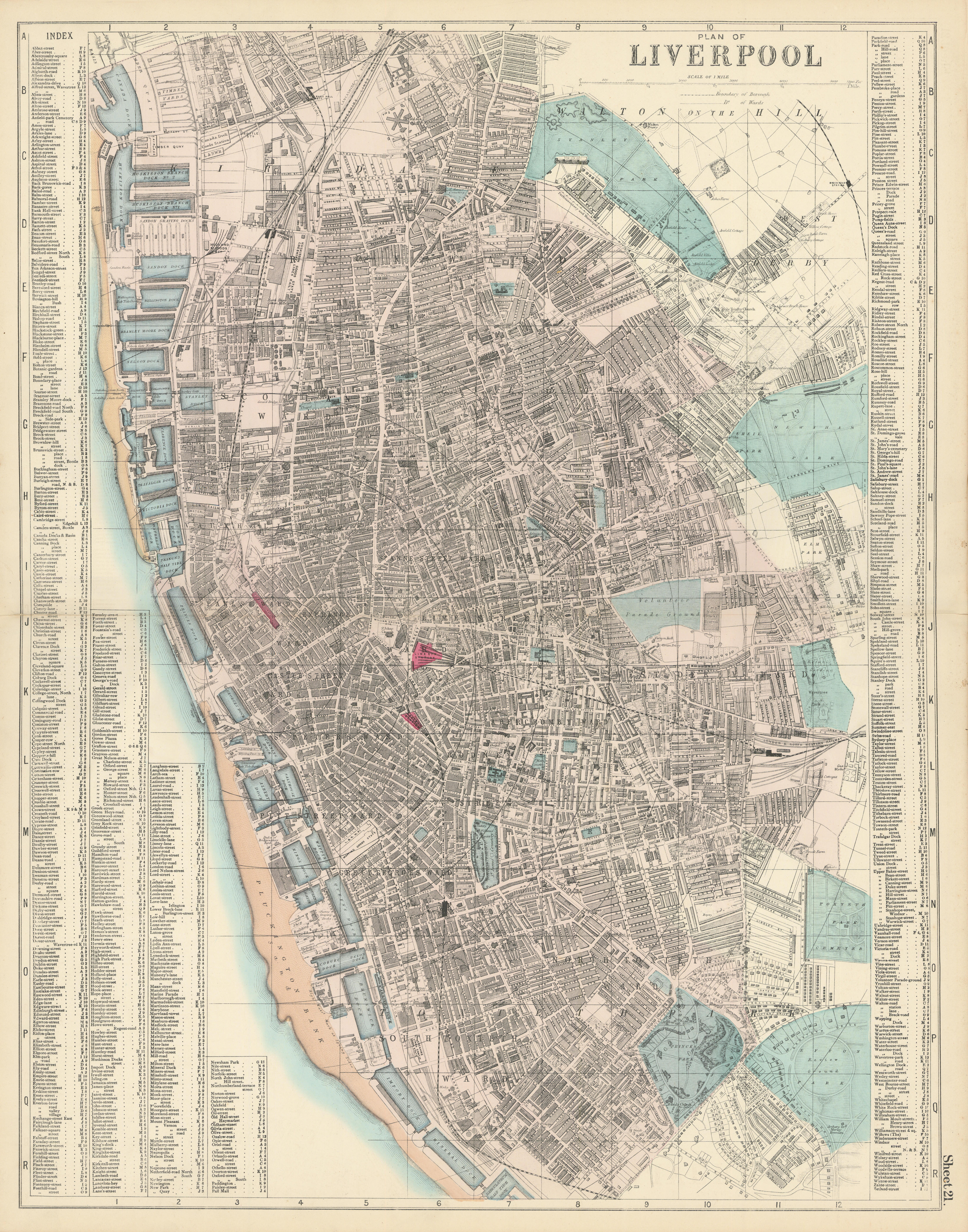 Associate Product LIVERPOOL Everton Waterfront Vauxhall Toxteth town city plan BACON 1883 map