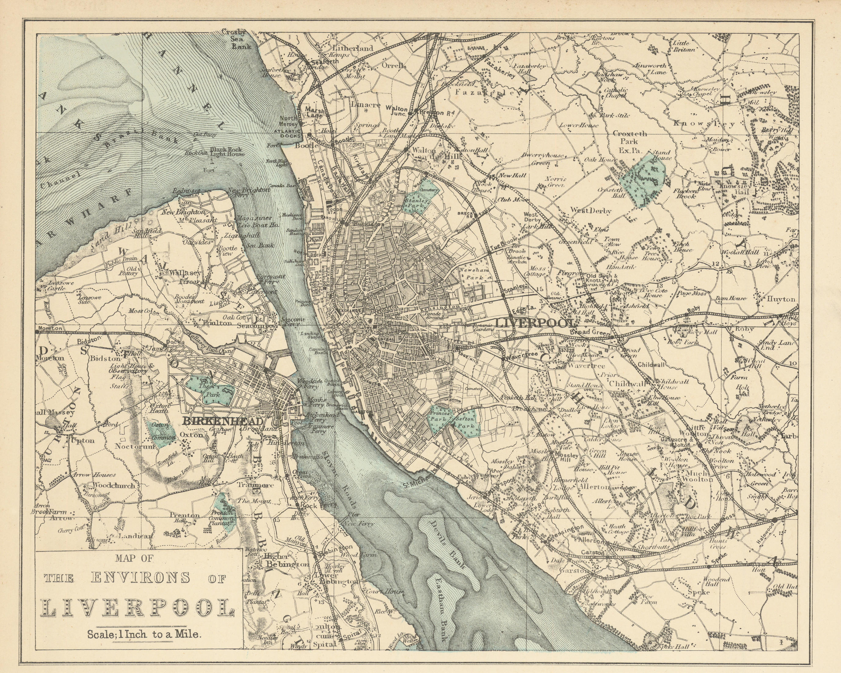 LIVERPOOL & environs Merseyside Birkenhead antique map by GW BACON 1883