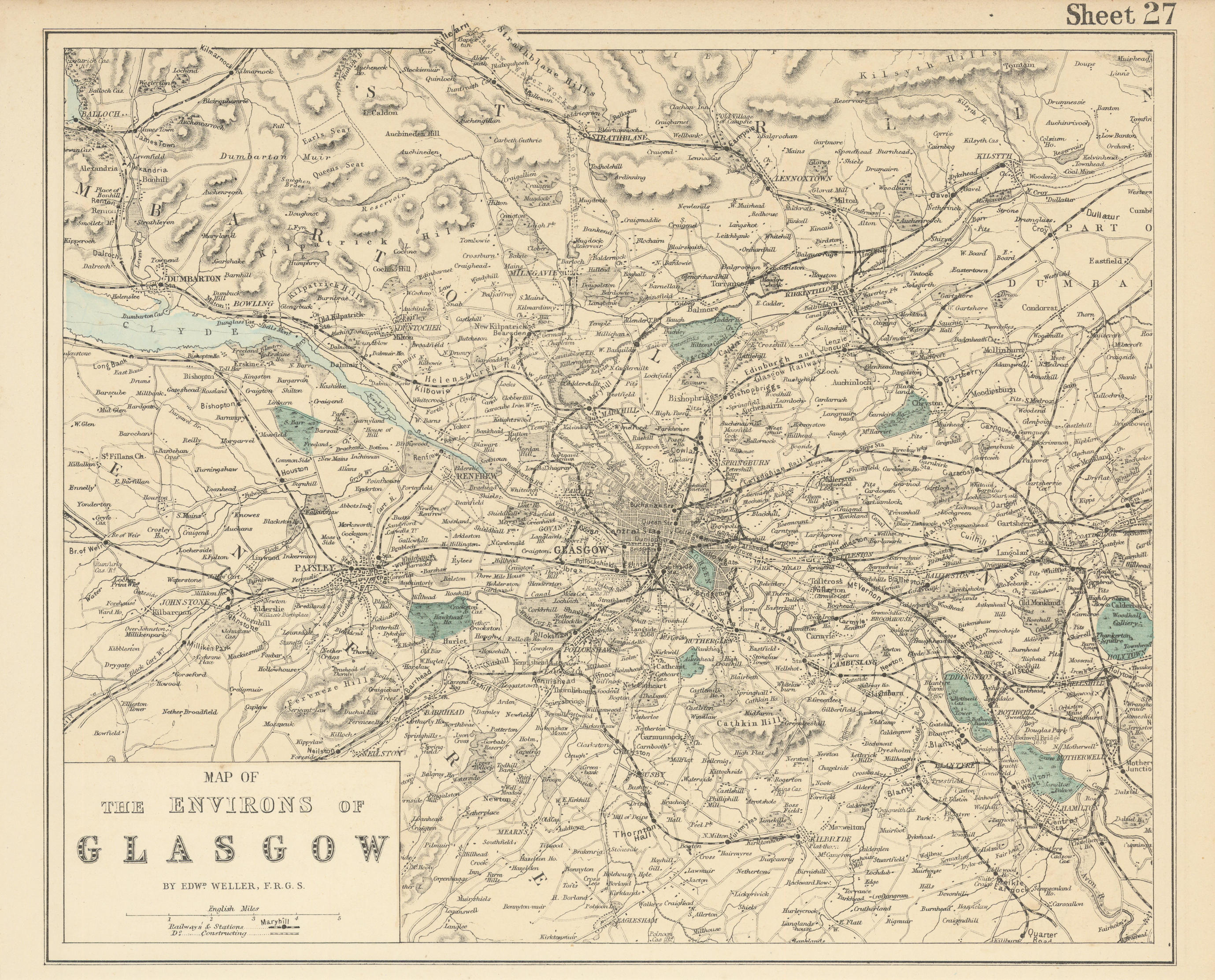 Associate Product GLASGOW & environs Lanark Renfrew Paisley antique map by GW BACON 1883 old