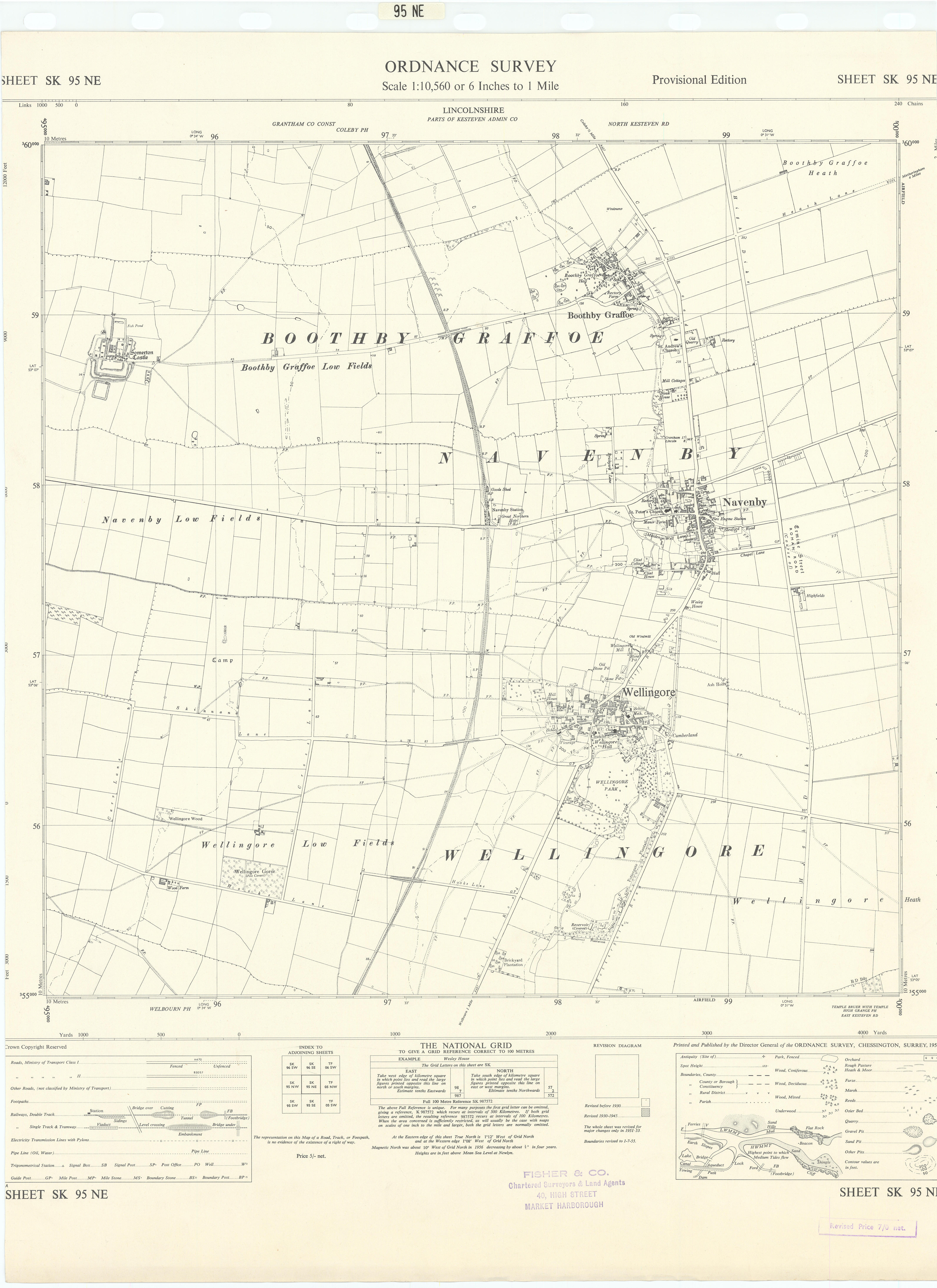 Ordnance Survey SK95NE Lincolnshire Wellingore Navenby Boothby Graffoe 1956 map