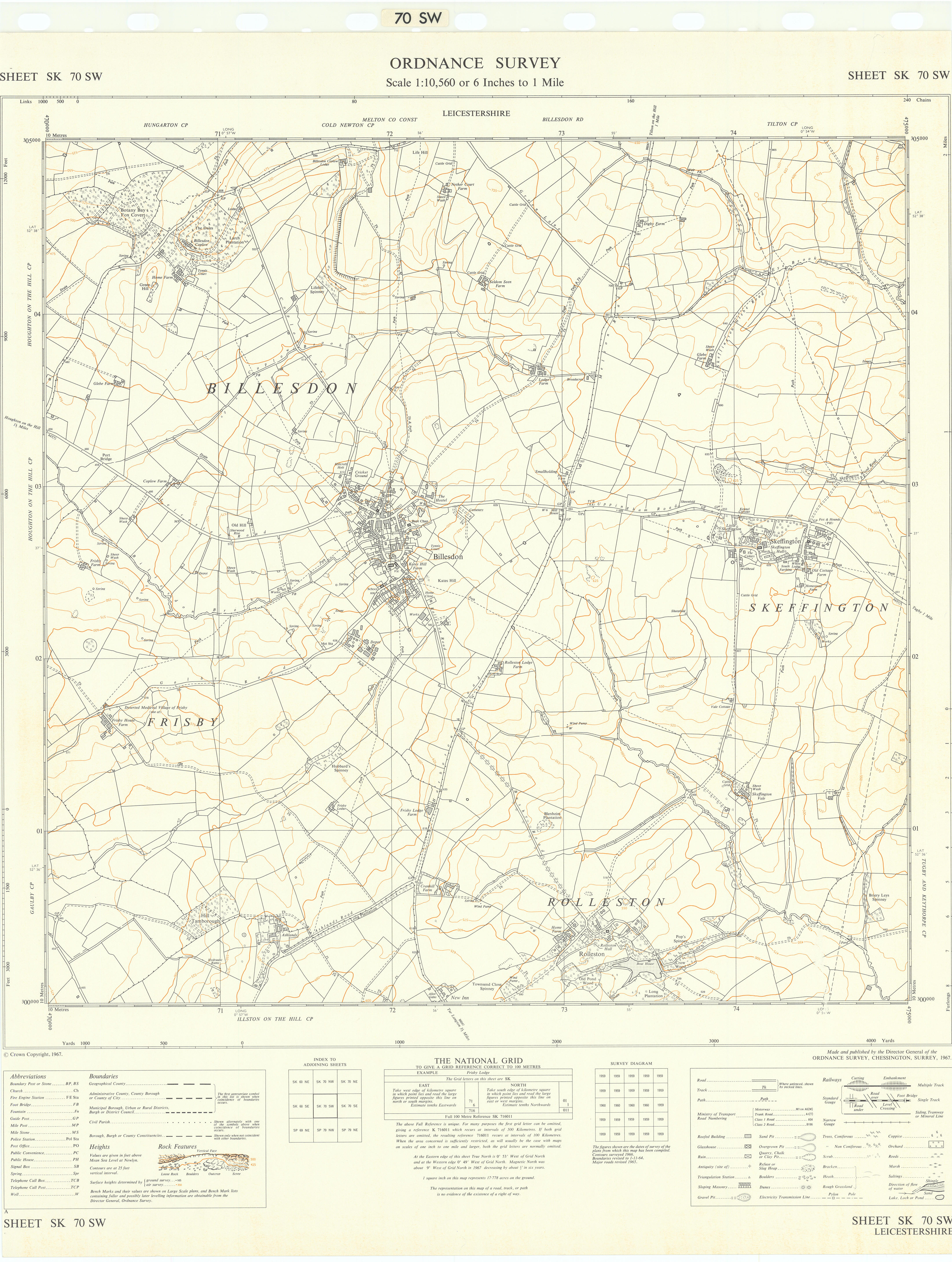 Ordnance Survey SK70SW Leicestershire Billesdon Skeffington Rolleston 1967 map