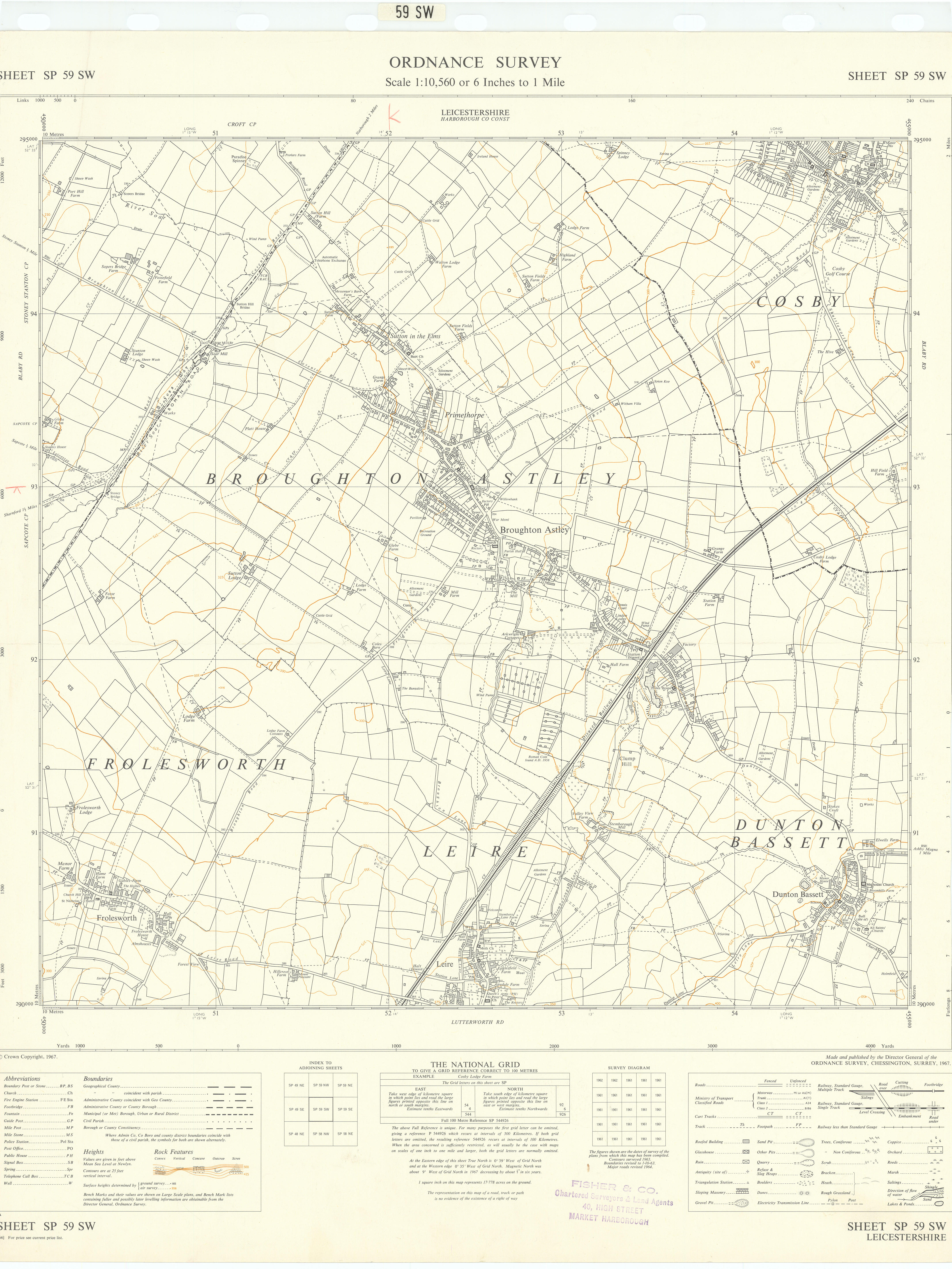 Ordnance Survey SP59SW Leics Broughton Astley Cosby Dunton Bassett 1967 map
