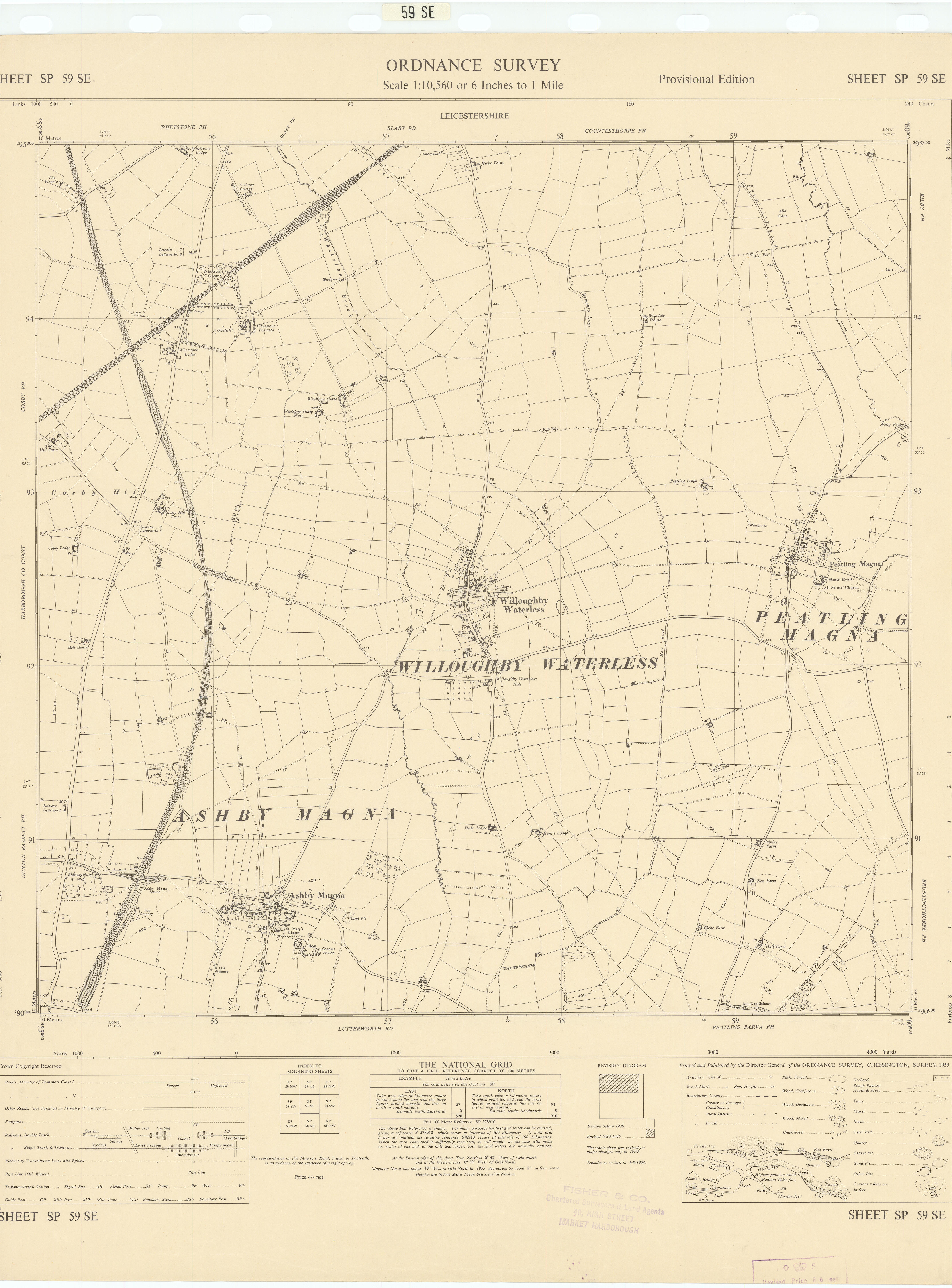 Associate Product Ordnance Survey SP59SE Leics Willoughby Waterless Ashby/Peatling Magna 1955 map