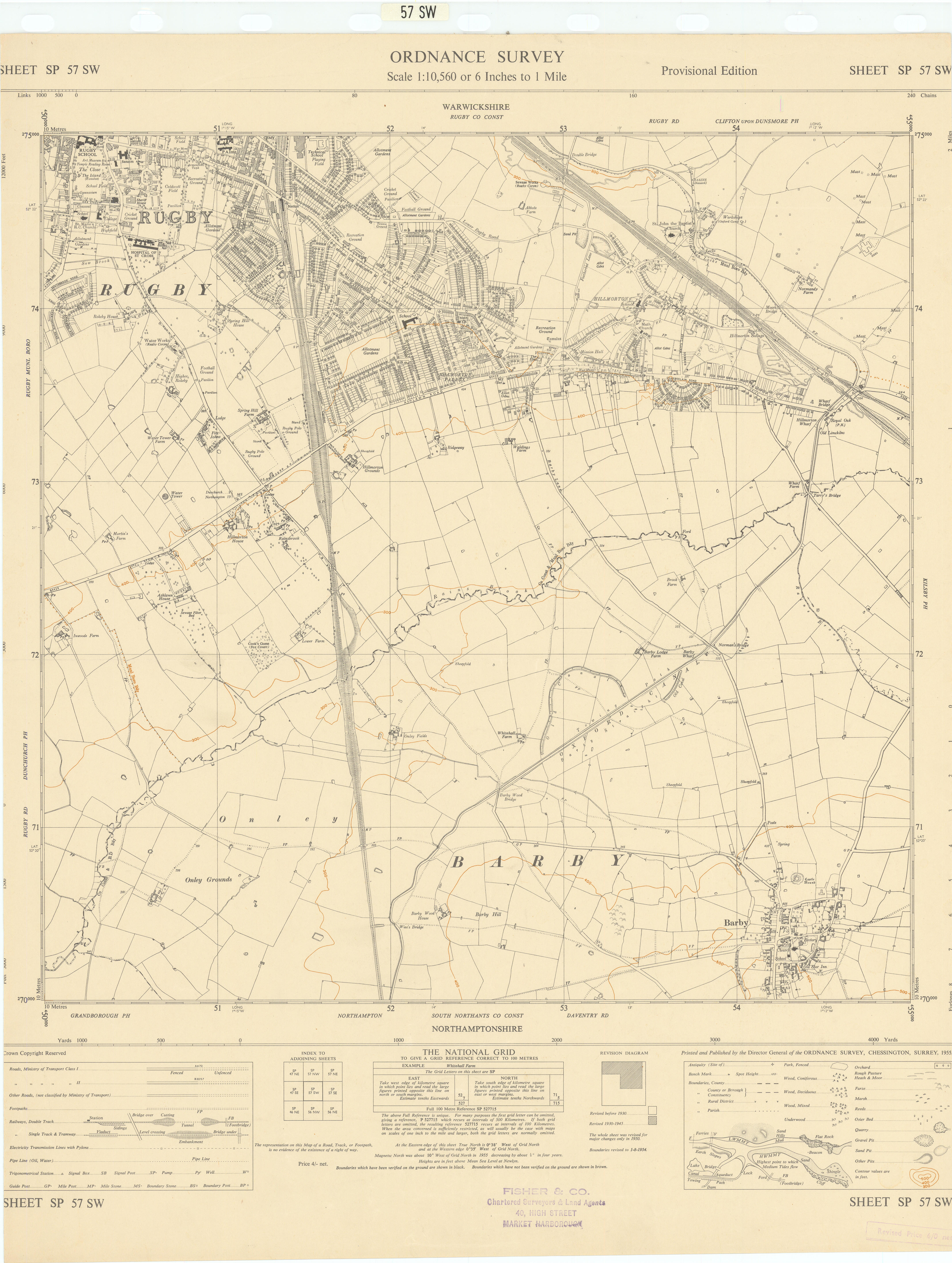 Ordnance Survey Sheet SP57SW Warwickshire Rugby Hillmorton Barby 1955 old map