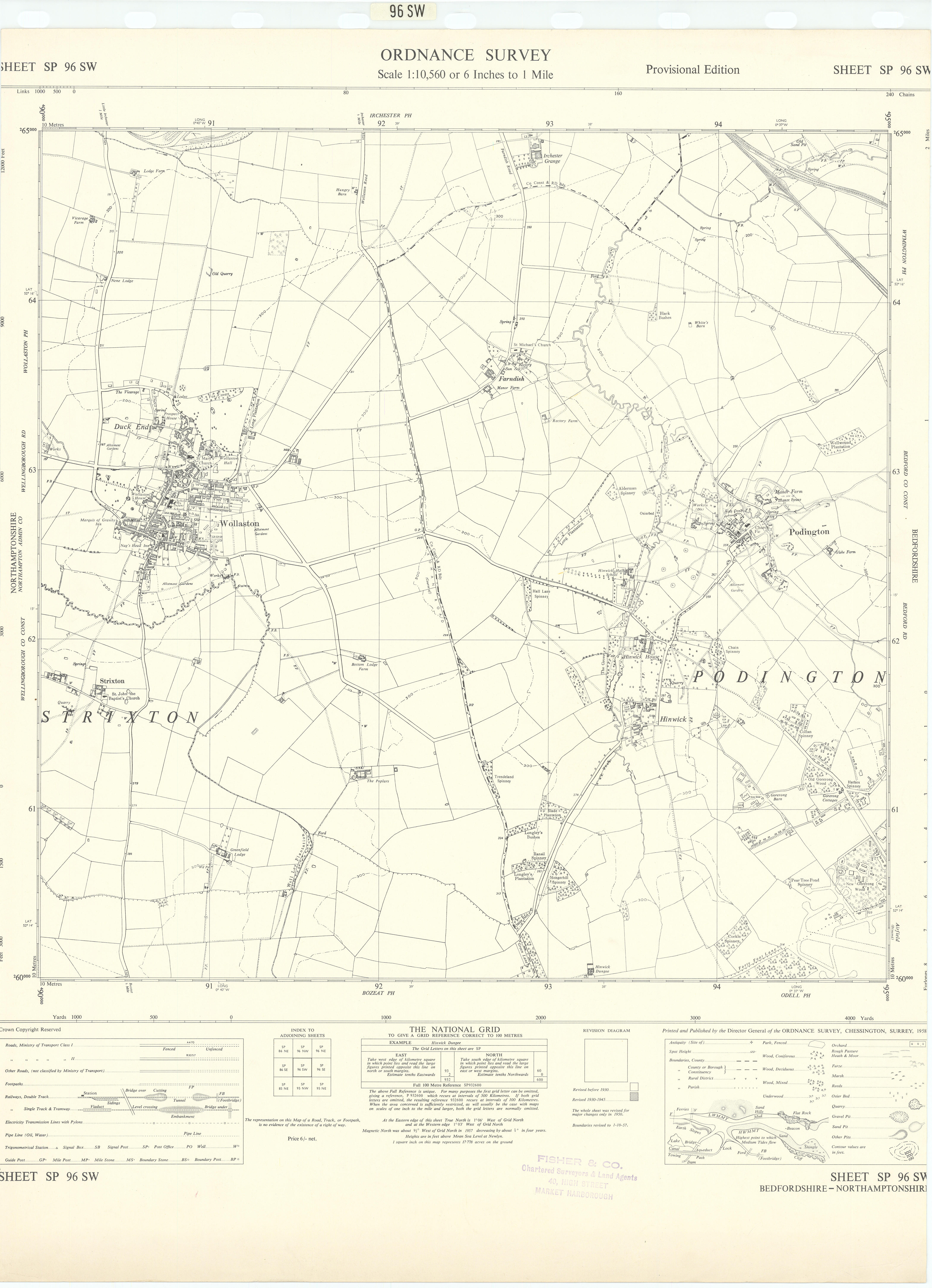 Ordnance Survey SP96SW Northants/Bedfordshire Wollaston Podington 1958 old map