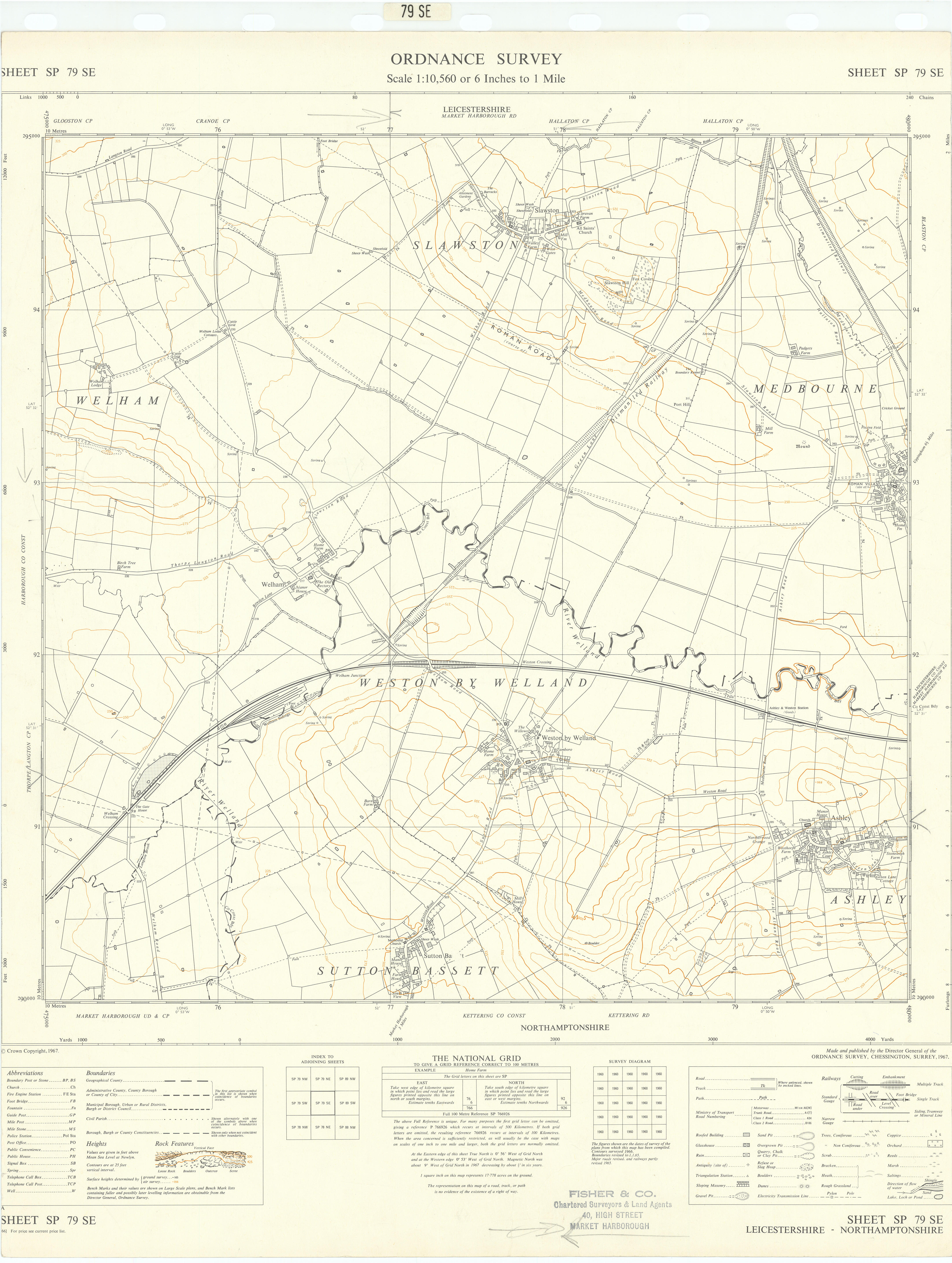 Ordnance Survey SP79SE Leics Ashley Weston Slawston Sutton Bassett 1967 map