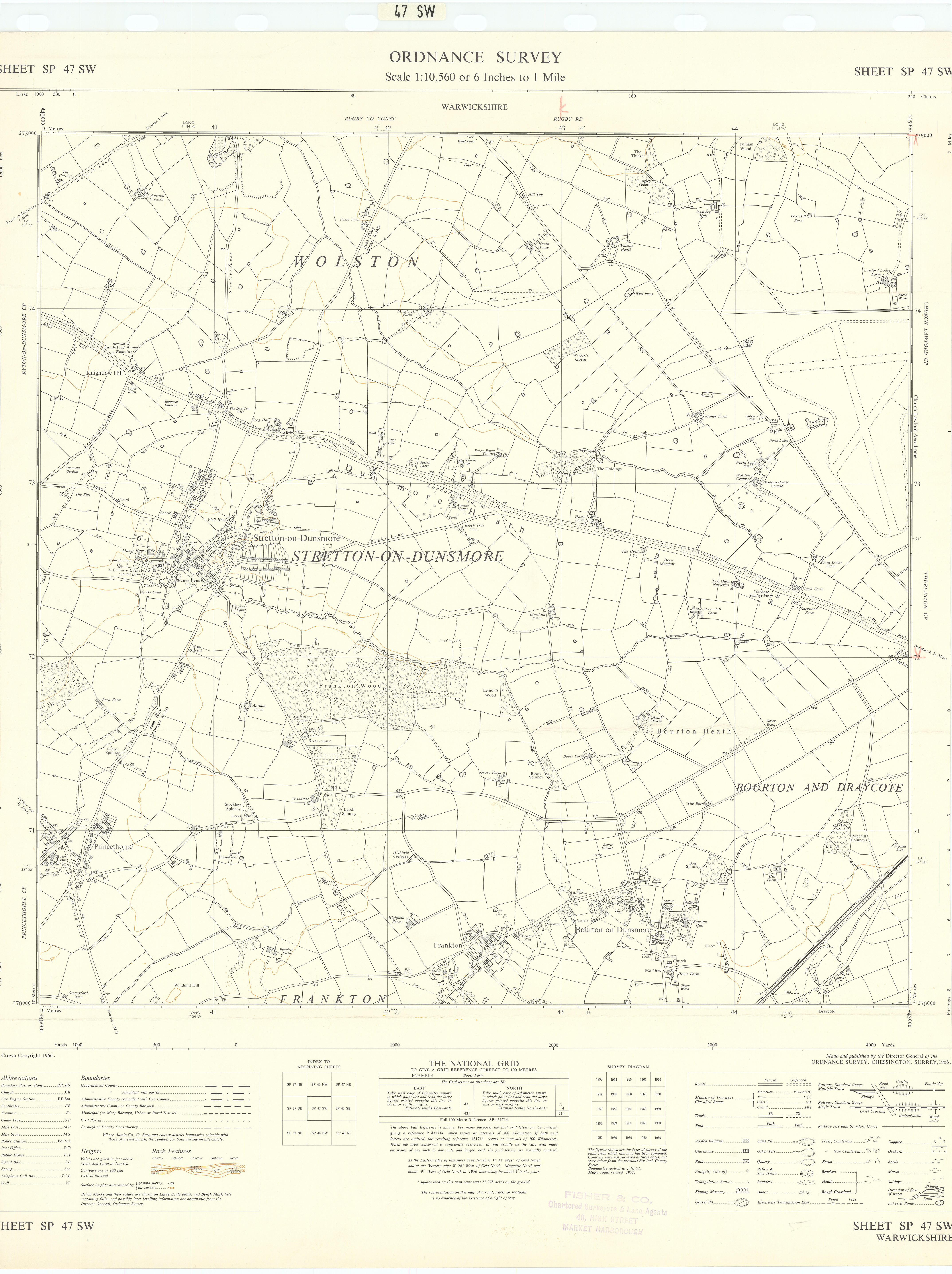 Ordnance Survey SP47SW Warks Bourton/Stretton-on-Dunsmore Frankton 1966 map
